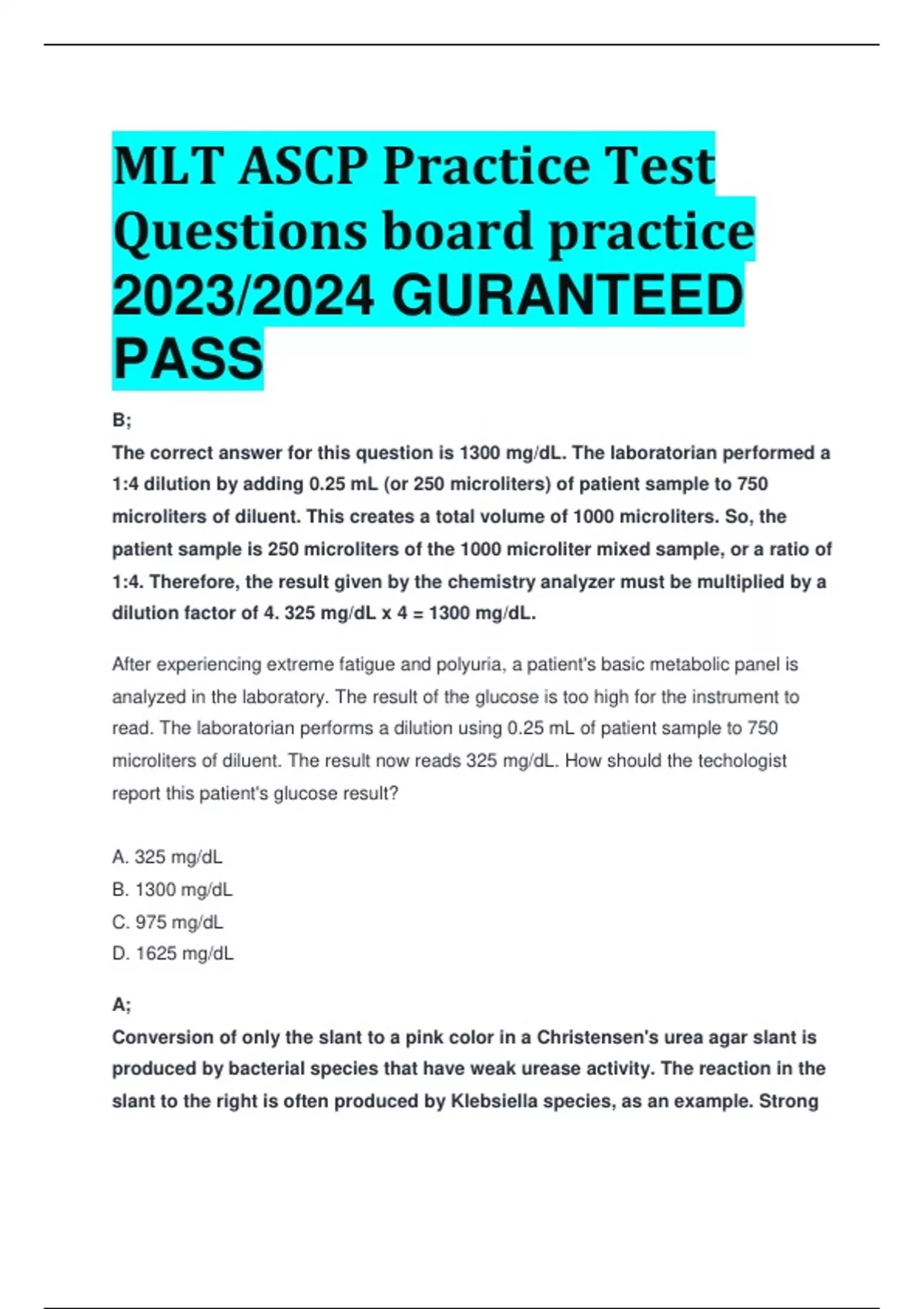 MLT ASCP Practice Test Questions board practice 2023/2024 GURANTEED