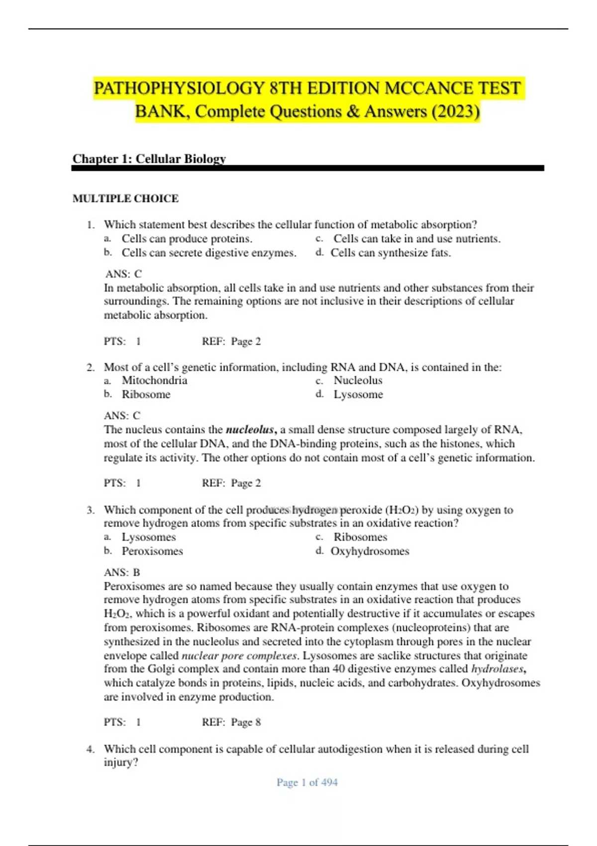 PATHOPHYSIOLOGY 8TH EDITION MCCANCE TEST BANK, Complete Questions ...