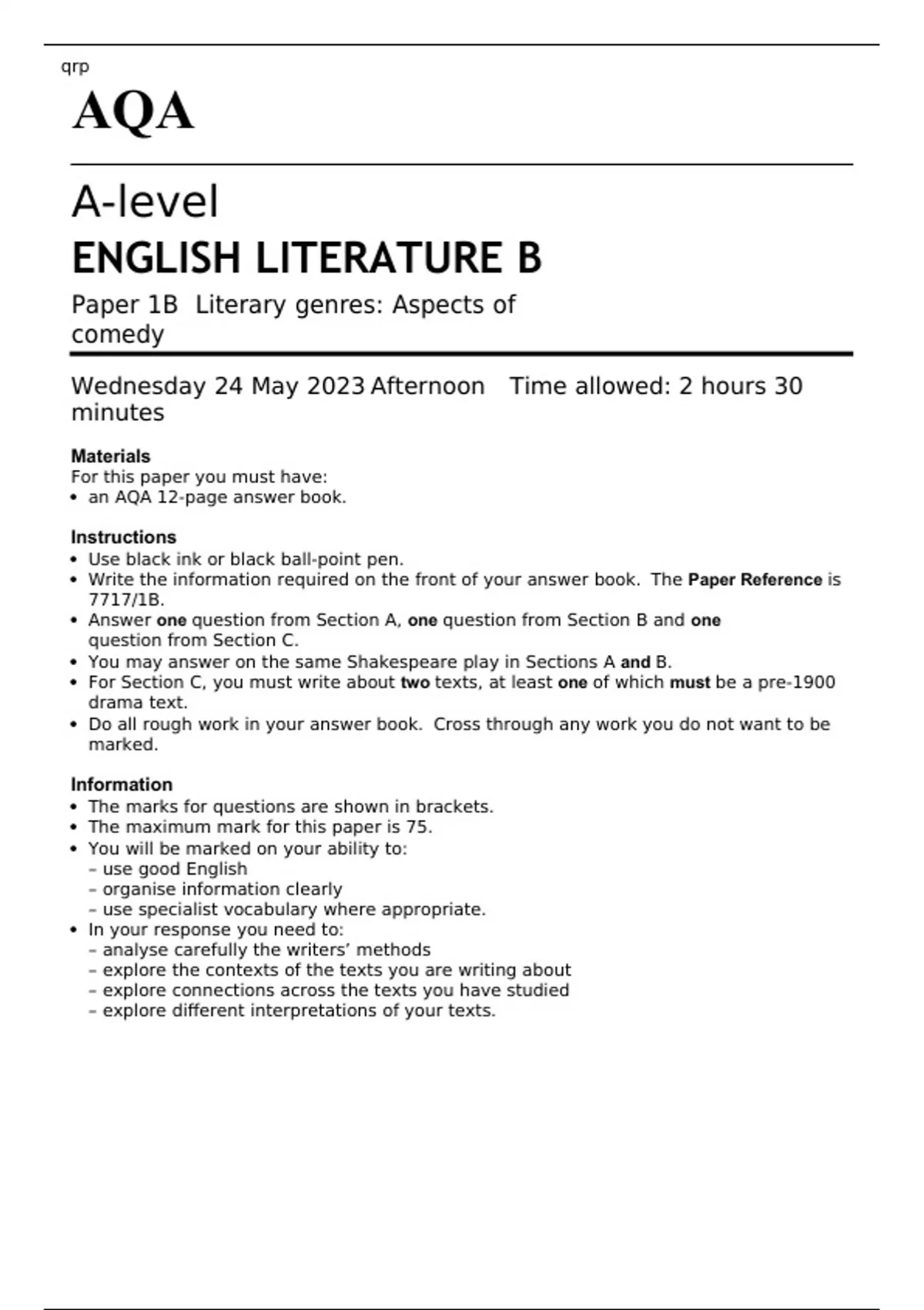 AQA A-level ENGLISH LITERATURE B Paper 1A And 1B JUNE 2023 QUESTION ...