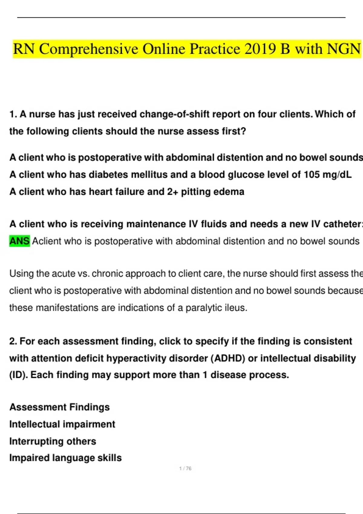 ATI RN Comprehensive Online Practice 2019 B With NGN Questions And ...