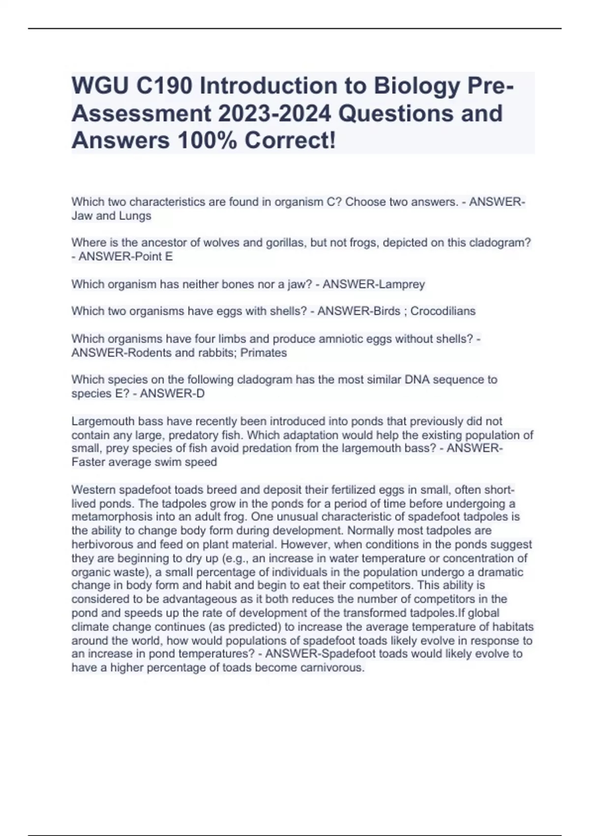 WGU C190 Introduction to Biology Pre-Assessment Questions and Answers ...