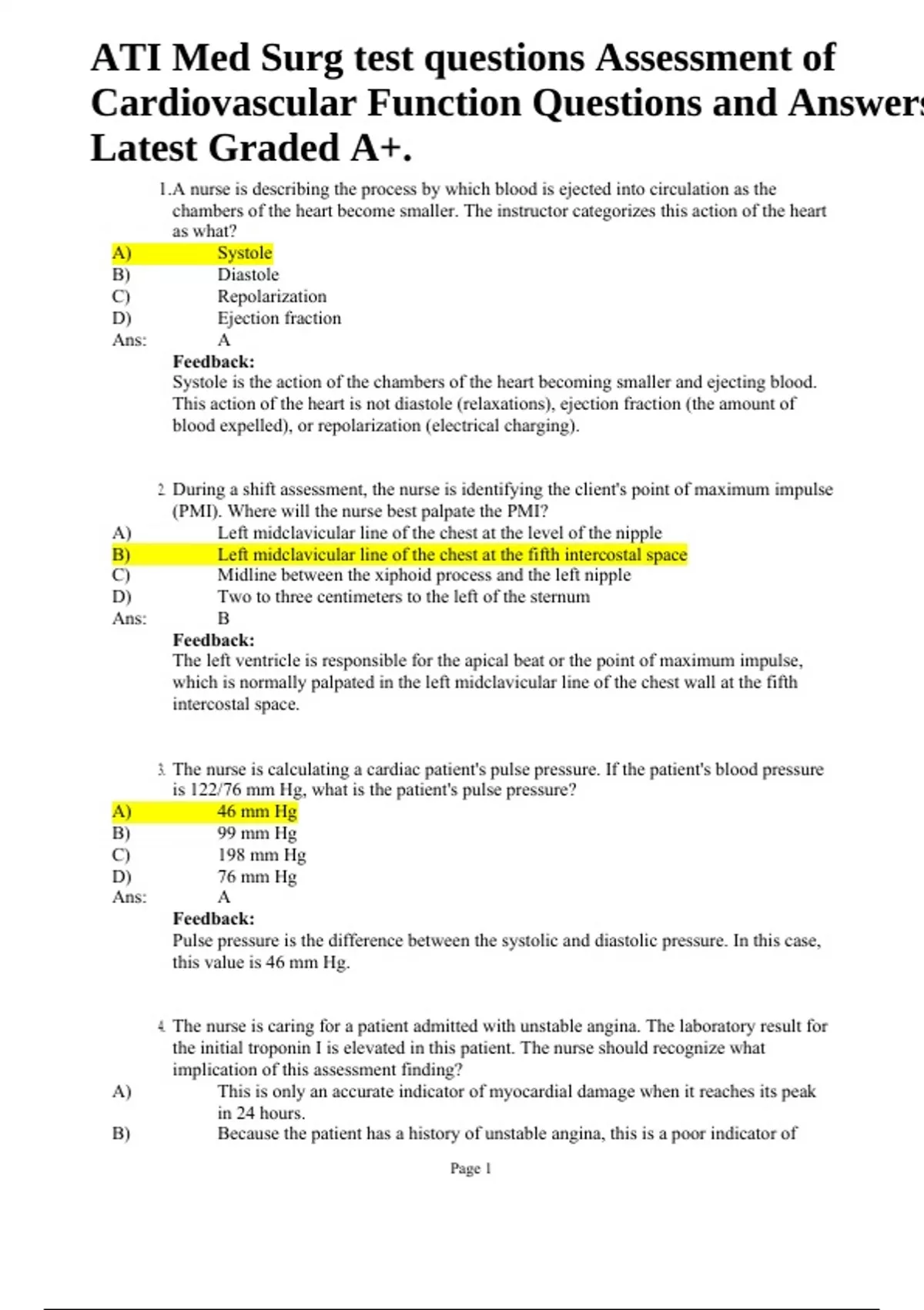 Ati Med Surg Test Questions Assessment Of Cardiovascular Function Questions And Answers Latest 1450