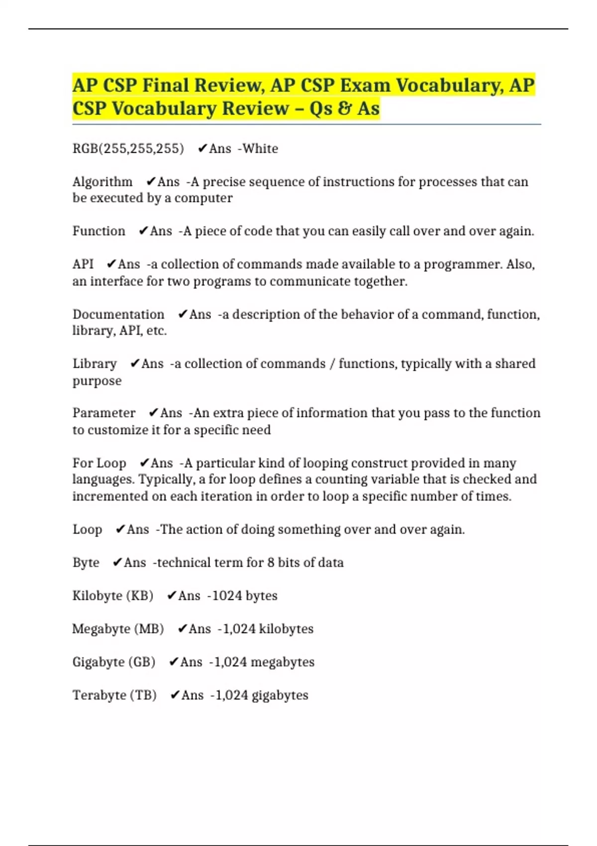 AP CSP Final Review, AP CSP Exam Vocabulary, AP CSP Vocabulary Review