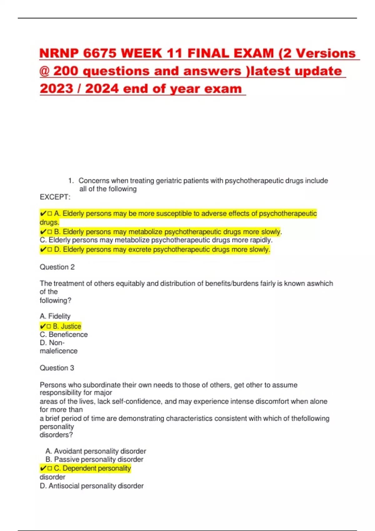 Nrnp 6675 Week 11 Final Exam (2 Versions @ 200 Questions And Answers 