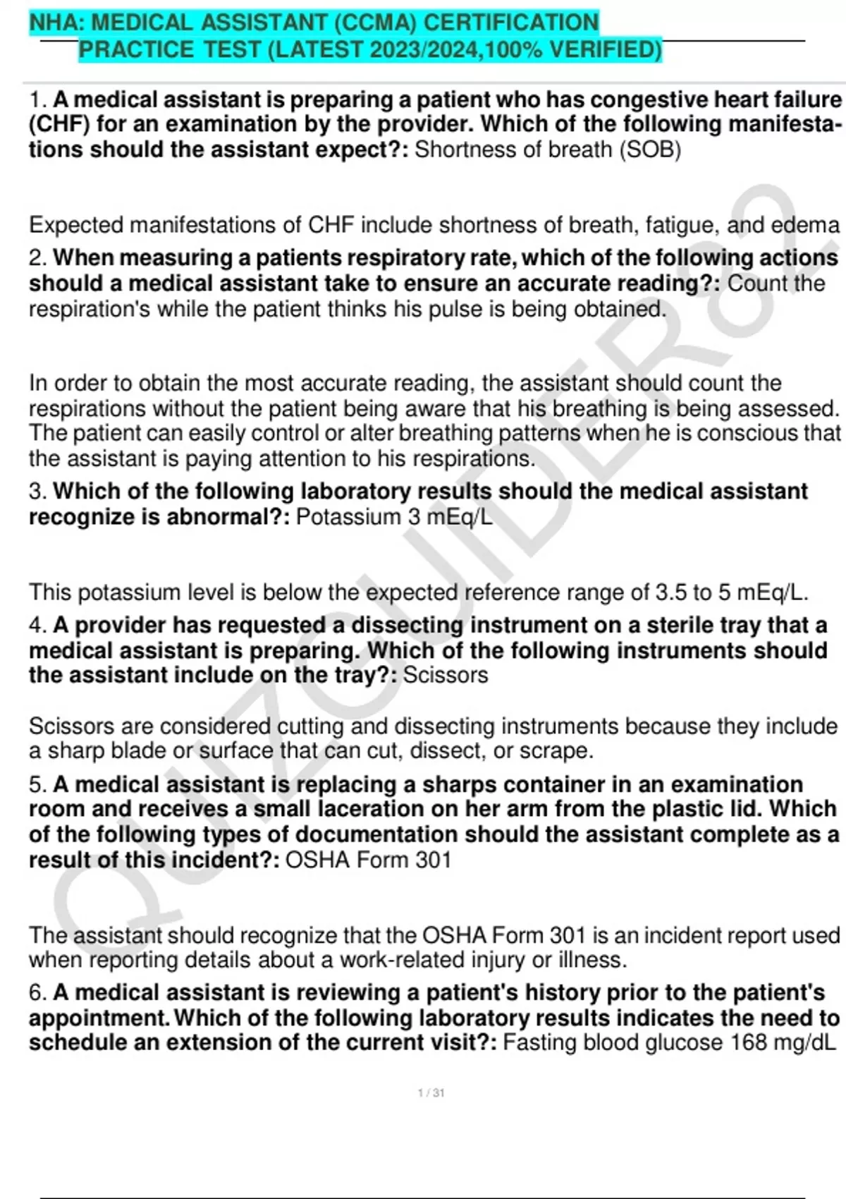 NHA MEDICAL ASSISTANT (CCMA) CERTIFICATION PRACTICE TEST (LATEST 2023/