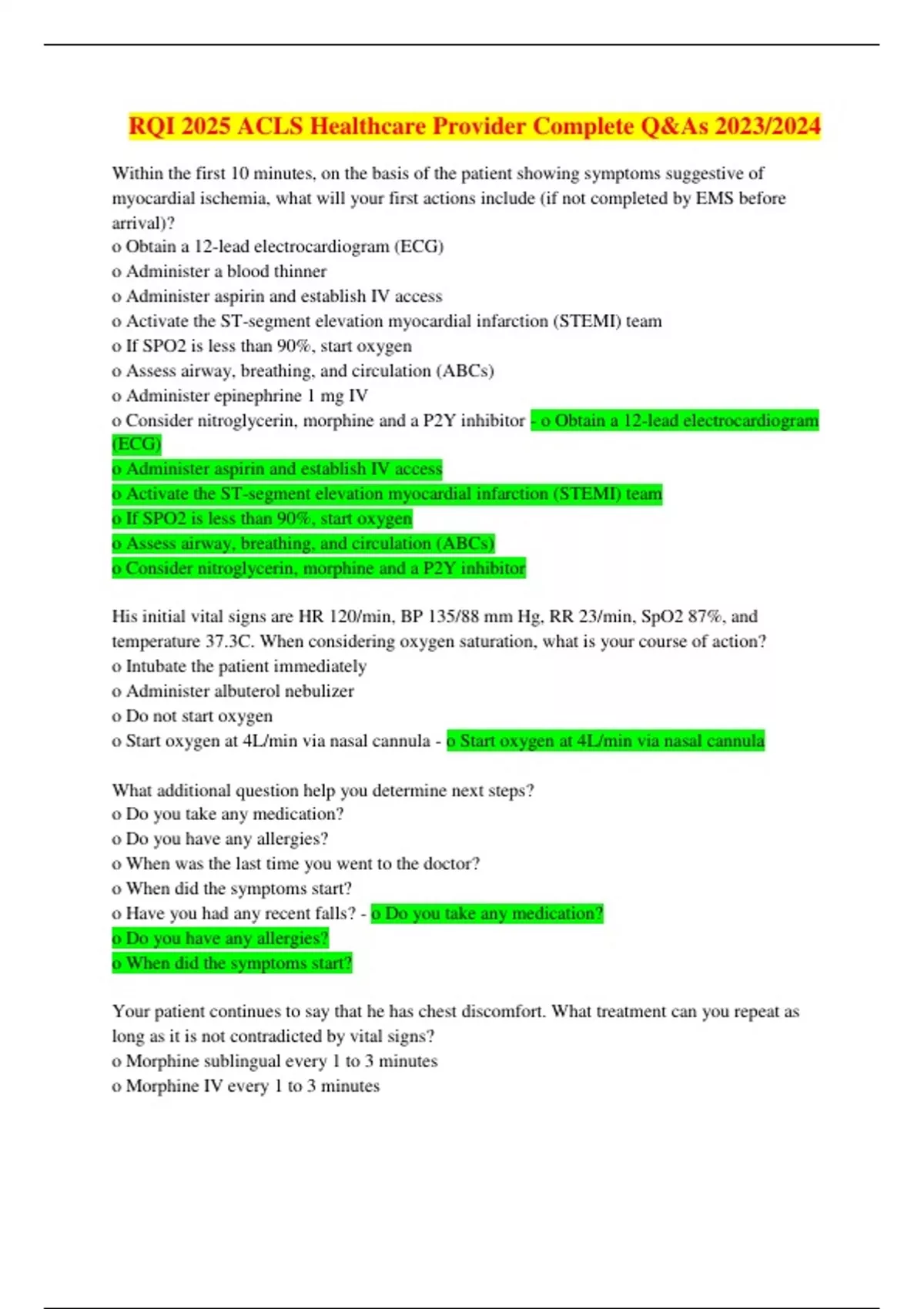 RQI 2025 ACLS Healthcare Provider Complete Q&As 2023/2024 - RQI 2025