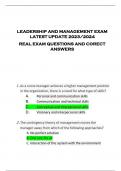 LEADERSHIP AND MANAGEMENT EXAM  LATEST UPDATE 2023/2024  REAL EXAM QUESTIONS AND CORECT  ANSWERS