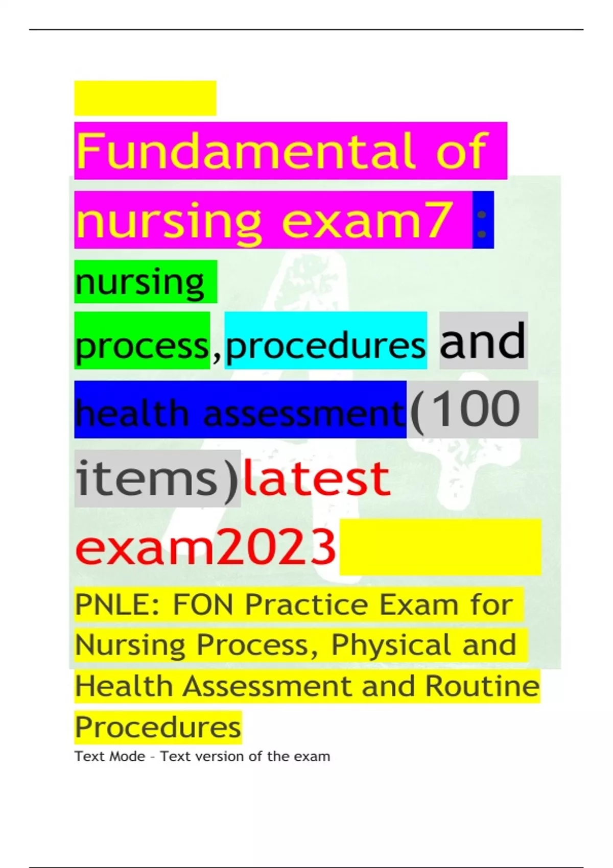 Fundamental Of Nursing Exam7 : Nursing Process,procedures And Health ...