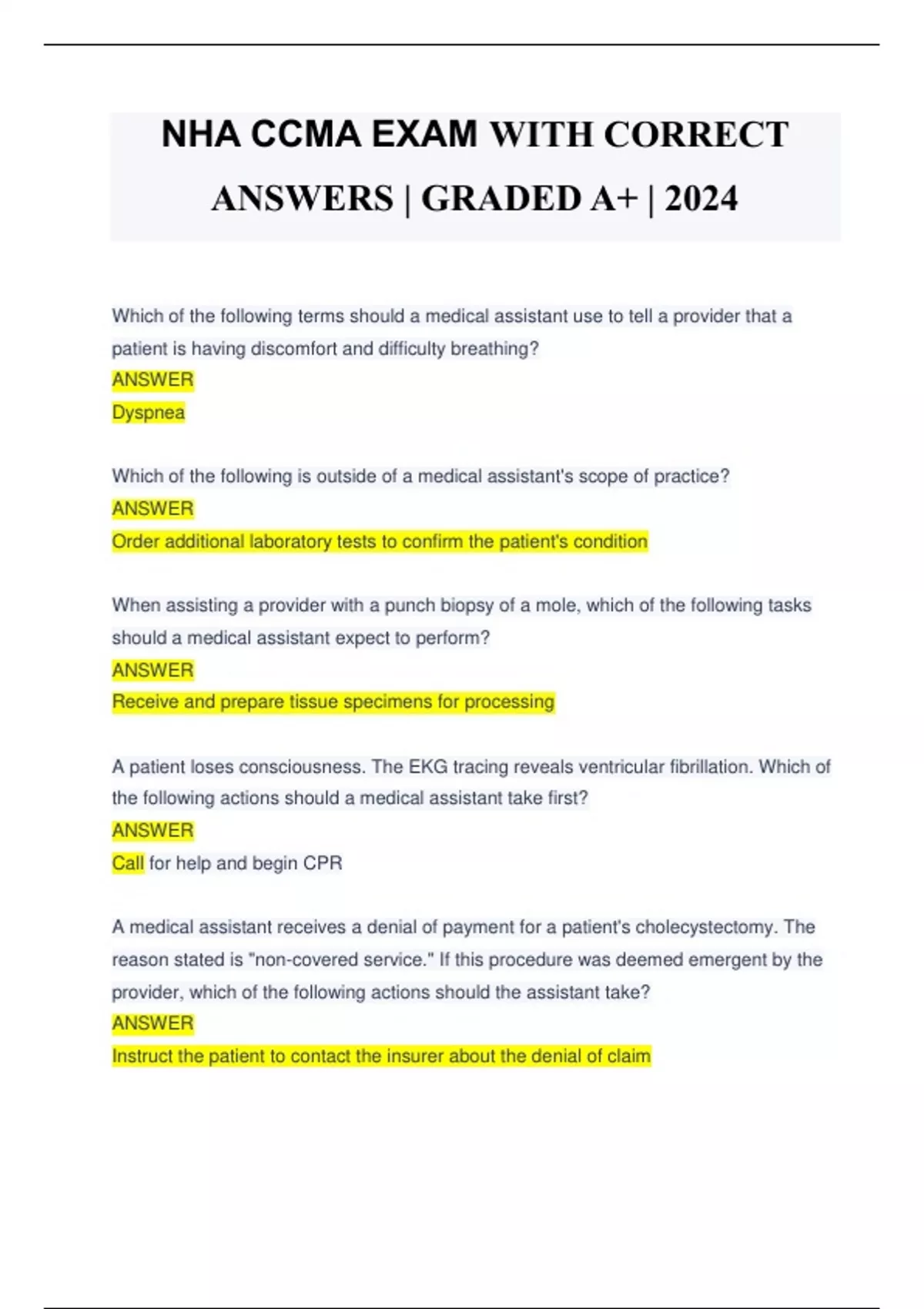 NHA CCMA EXAM WITH CORRECT ANSWERS GRADED A+ 2024 NHA CCMA