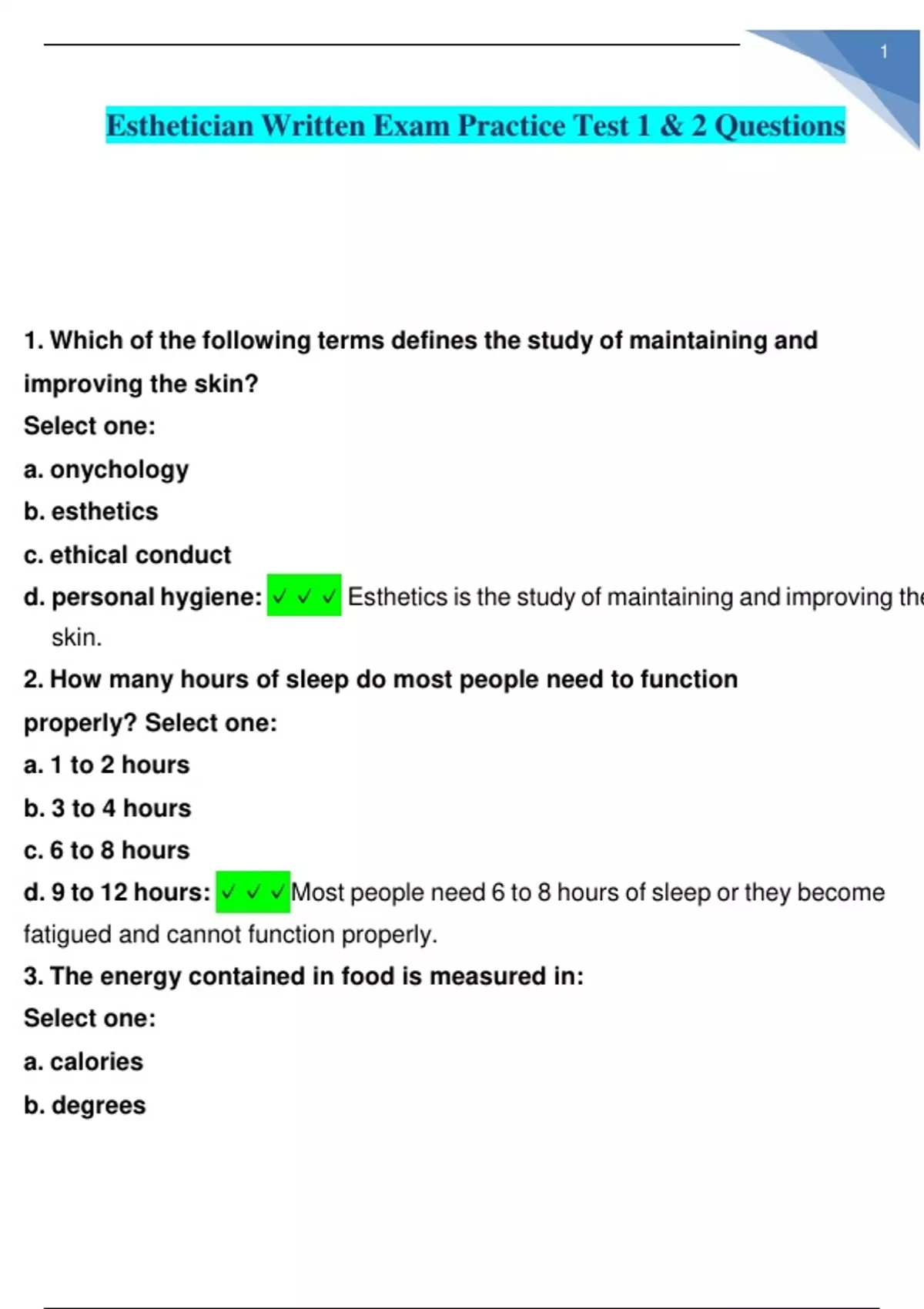 Esthetician Written Exam Practice Test 1 & 2 Questions with 100