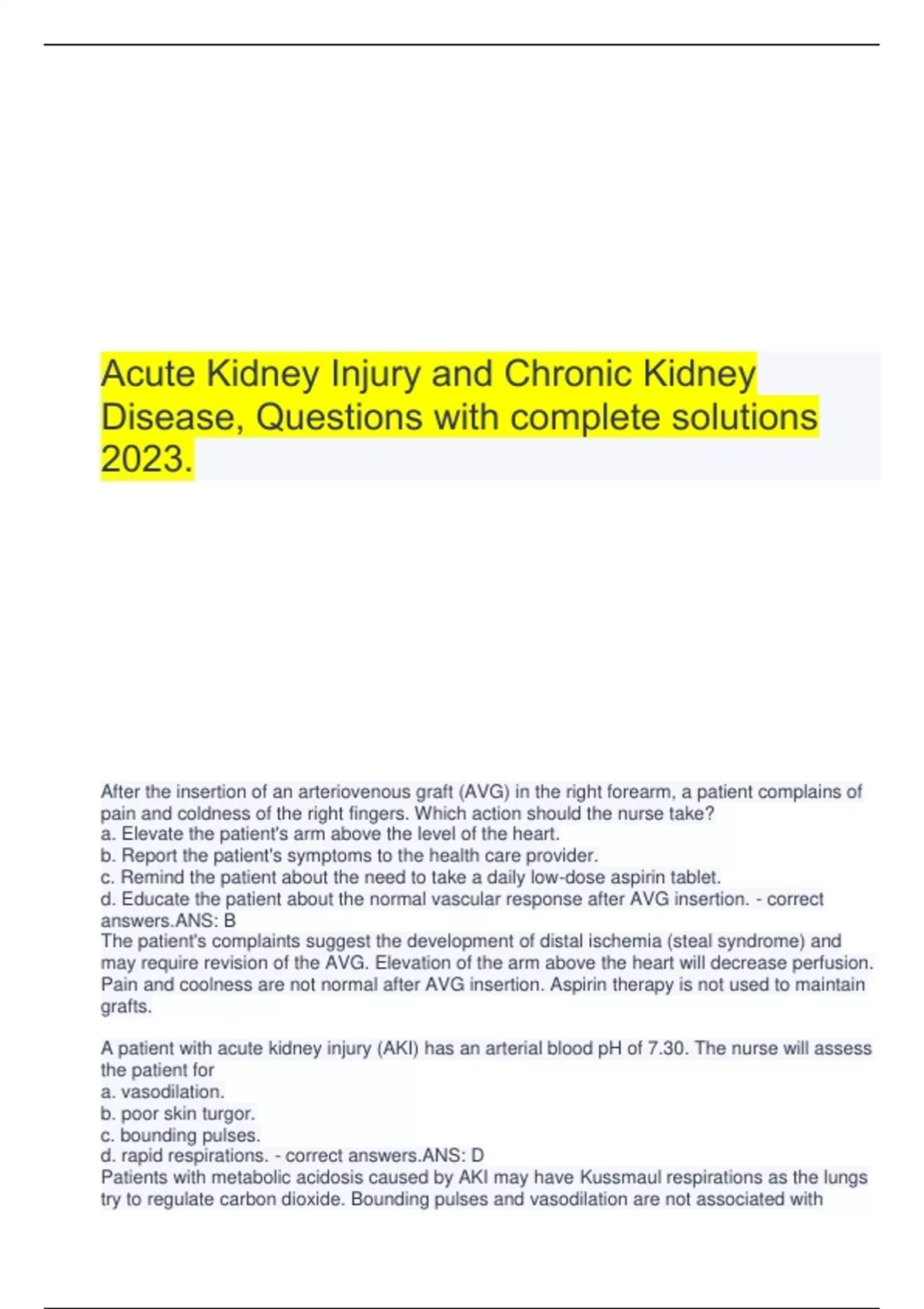 Acute Kidney Injury And Chronic Kidney Disease, Questions With Complete ...