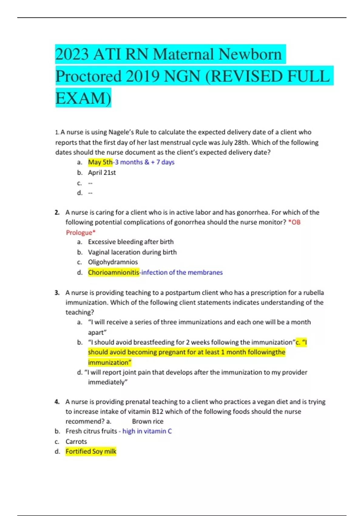 2023 ATI RN Maternal Newborn Proctored 2019 NGN (REVISED FULL EXAM ...