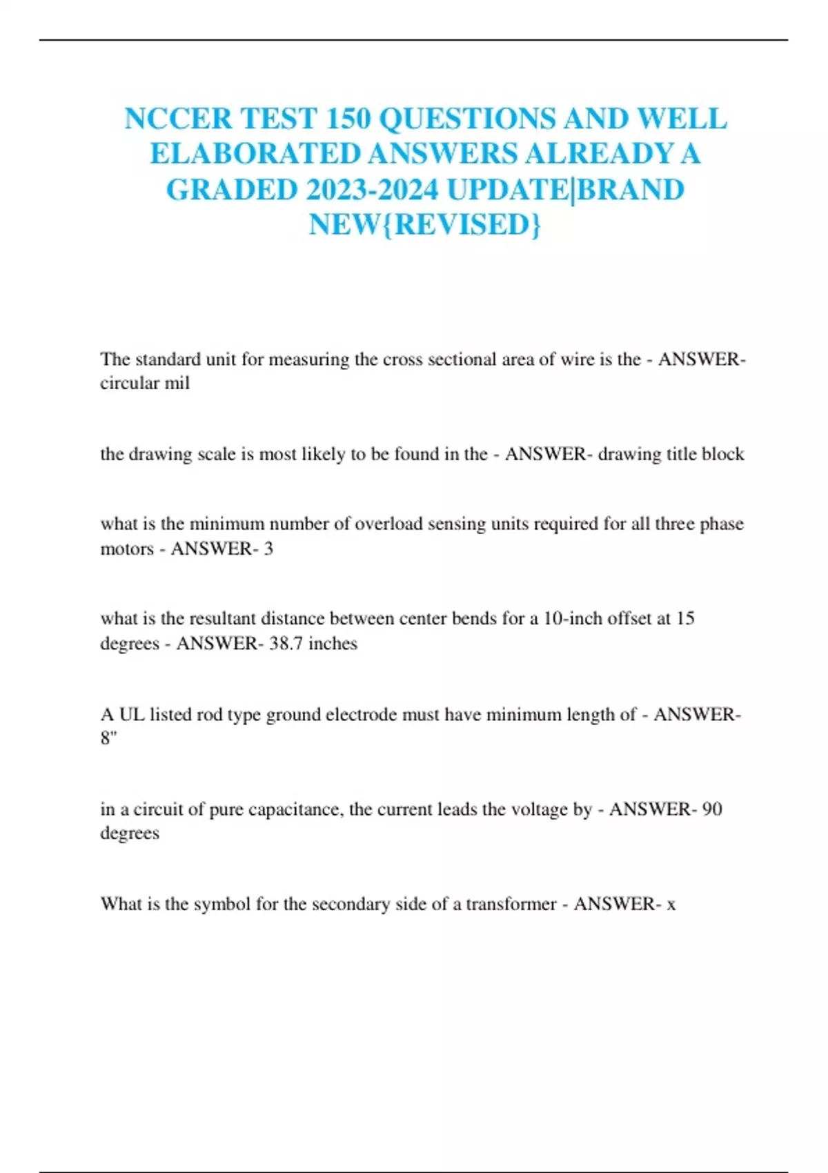 NCCER TEST 150 QUESTIONS AND WELL ELABORATED ANSWERS ALREADY A GRADED ...