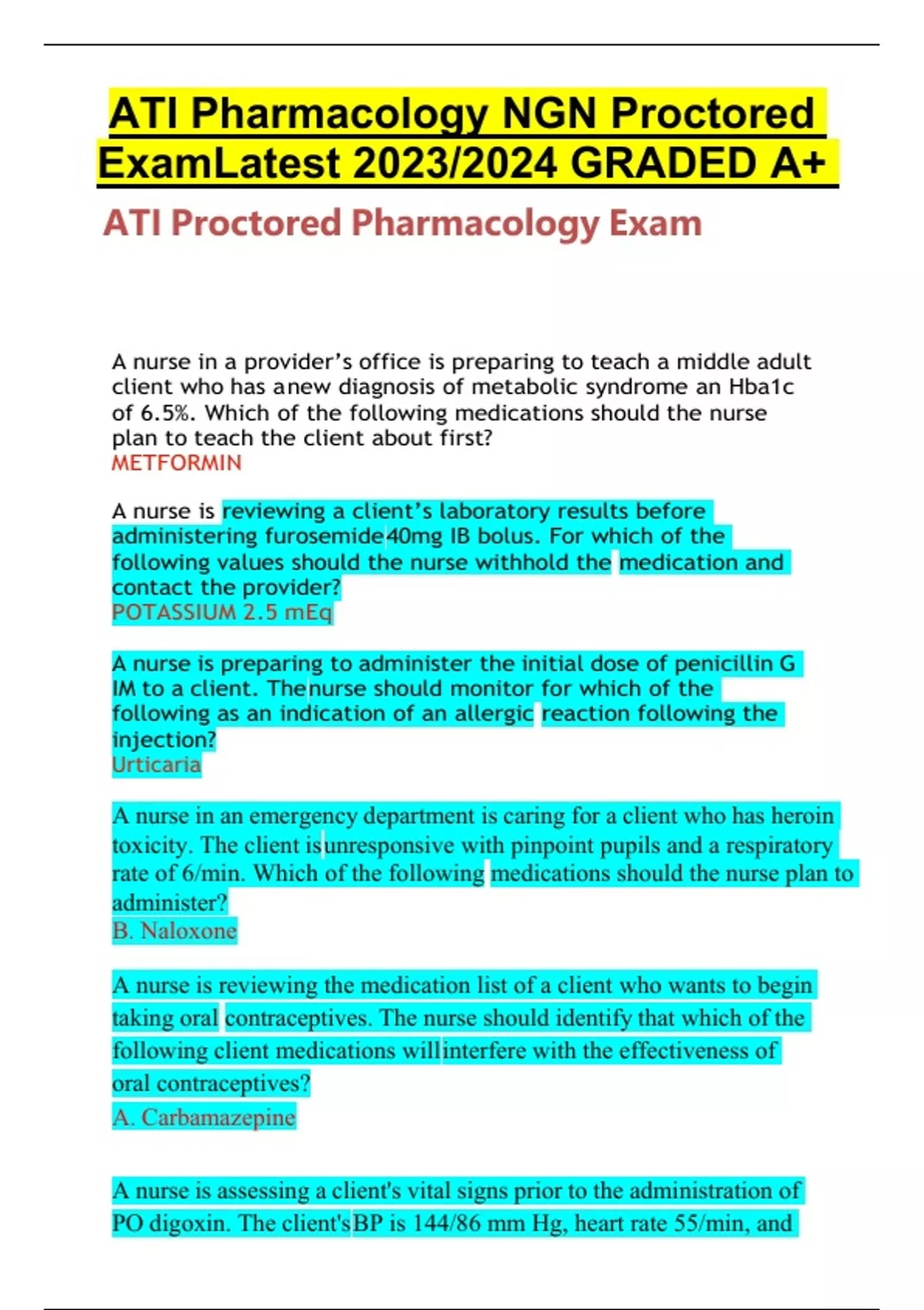 ATI Pharmacology NGN Proctored Exam Latest 2023/2024 GRADED A+ ATI Proctored Pharmacology Exam