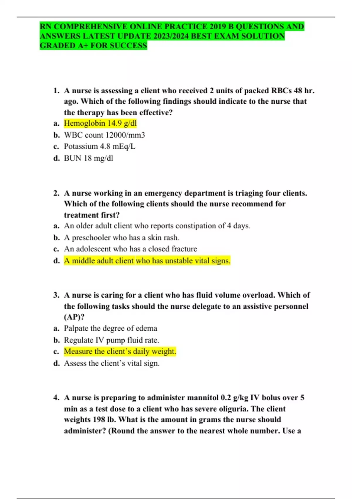 RN COMPREHENSIVE ONLINE PRACTICE 2019 B QUESTIONS AND ANSWERS LATEST ...