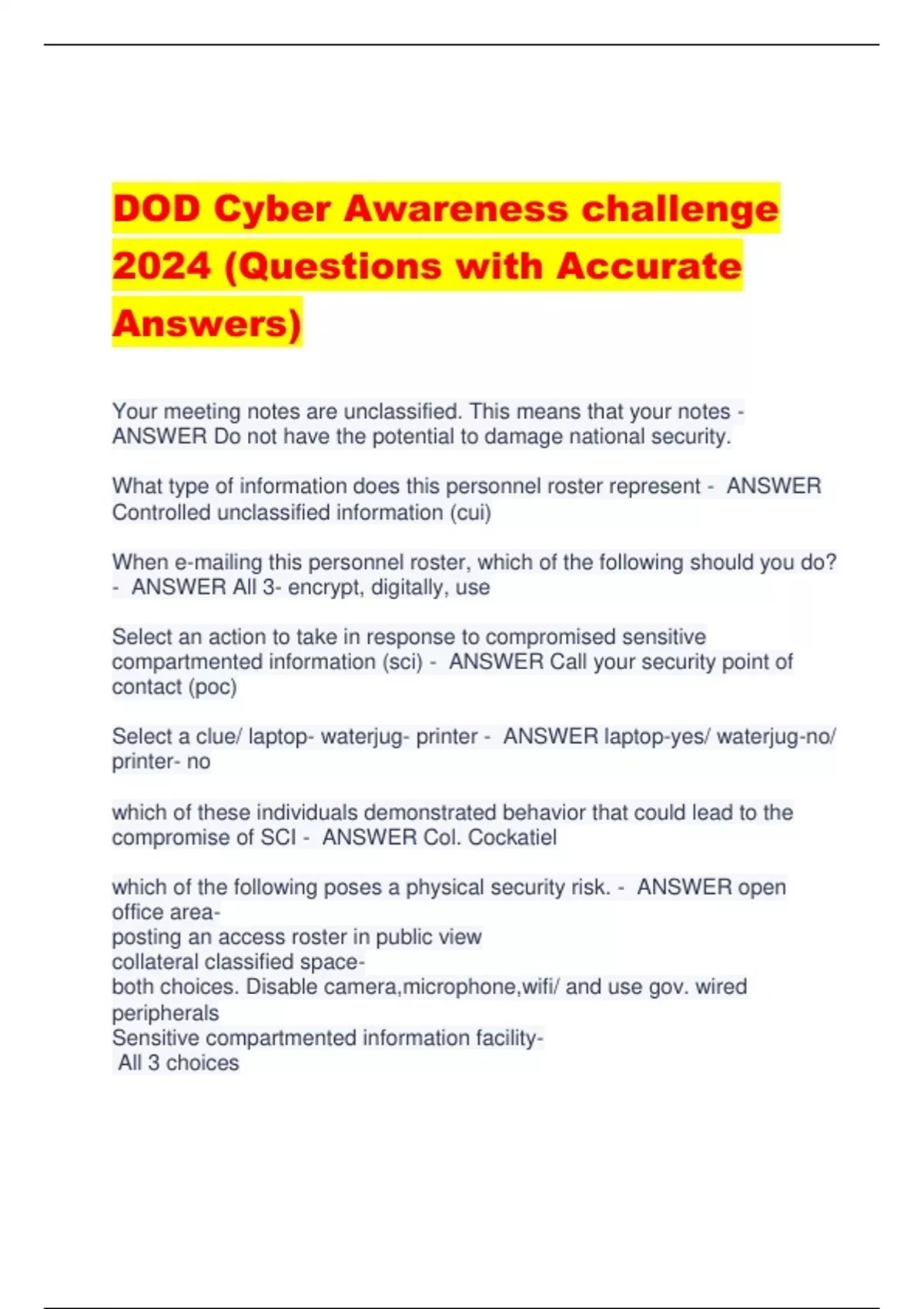 DOD Cyber Awareness challenge 2024 (Questions with Accurate Answers