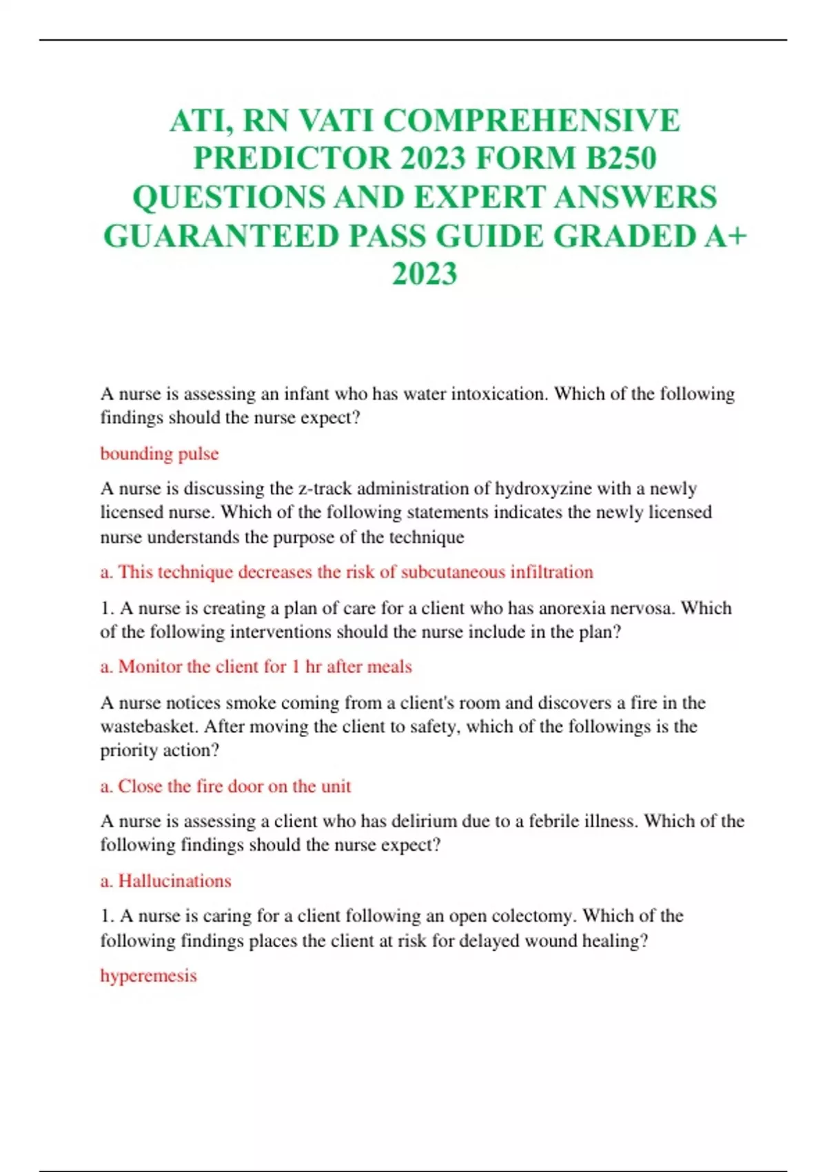 ATI, RN VATI COMPREHENSIVE PREDICTOR 2023 FORM B250 QUESTIONS AND ...