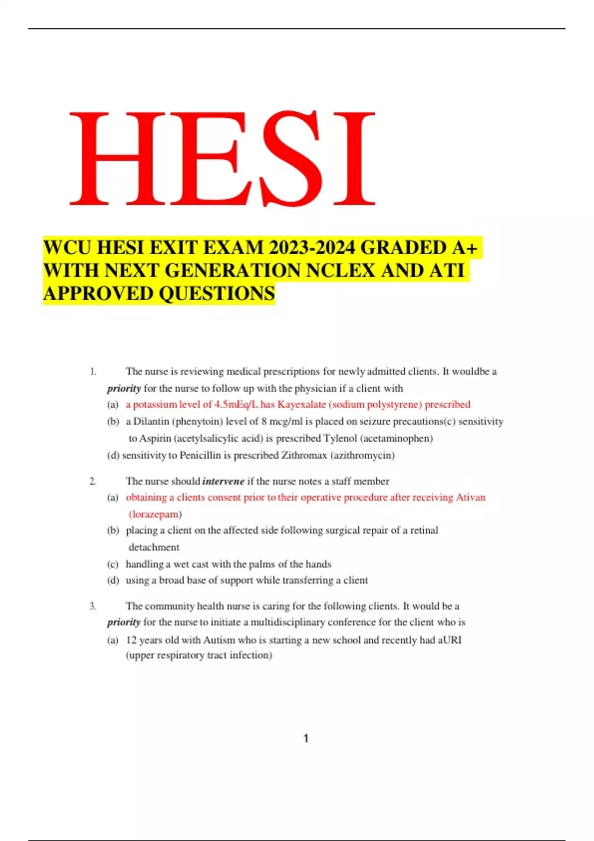 WCU HESI EXIT EXAM GRADED A+ WITH NEXT GENERATION NCLEX AND ATI