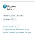 Pearson Edexcel GCE Advanced In English Language and Literature Paper 2 Summer 2023  final mark scheme