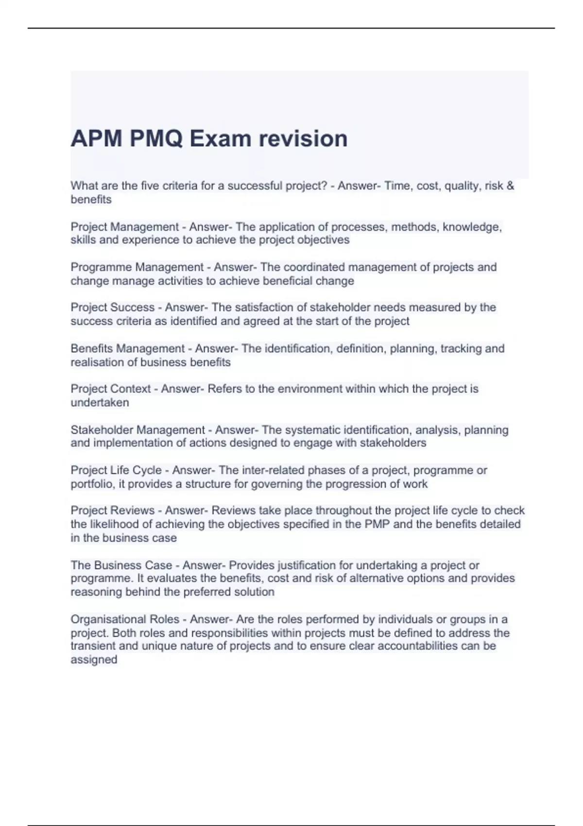 APM PMQ Exam revision Questions and Answers APM PMQ Stuvia US