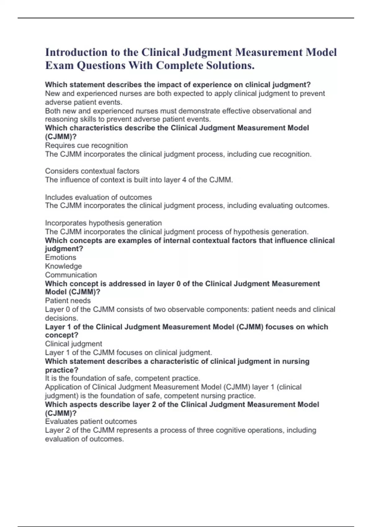 Introduction To The Clinical Judgment Measurement Model Exam Questions ...