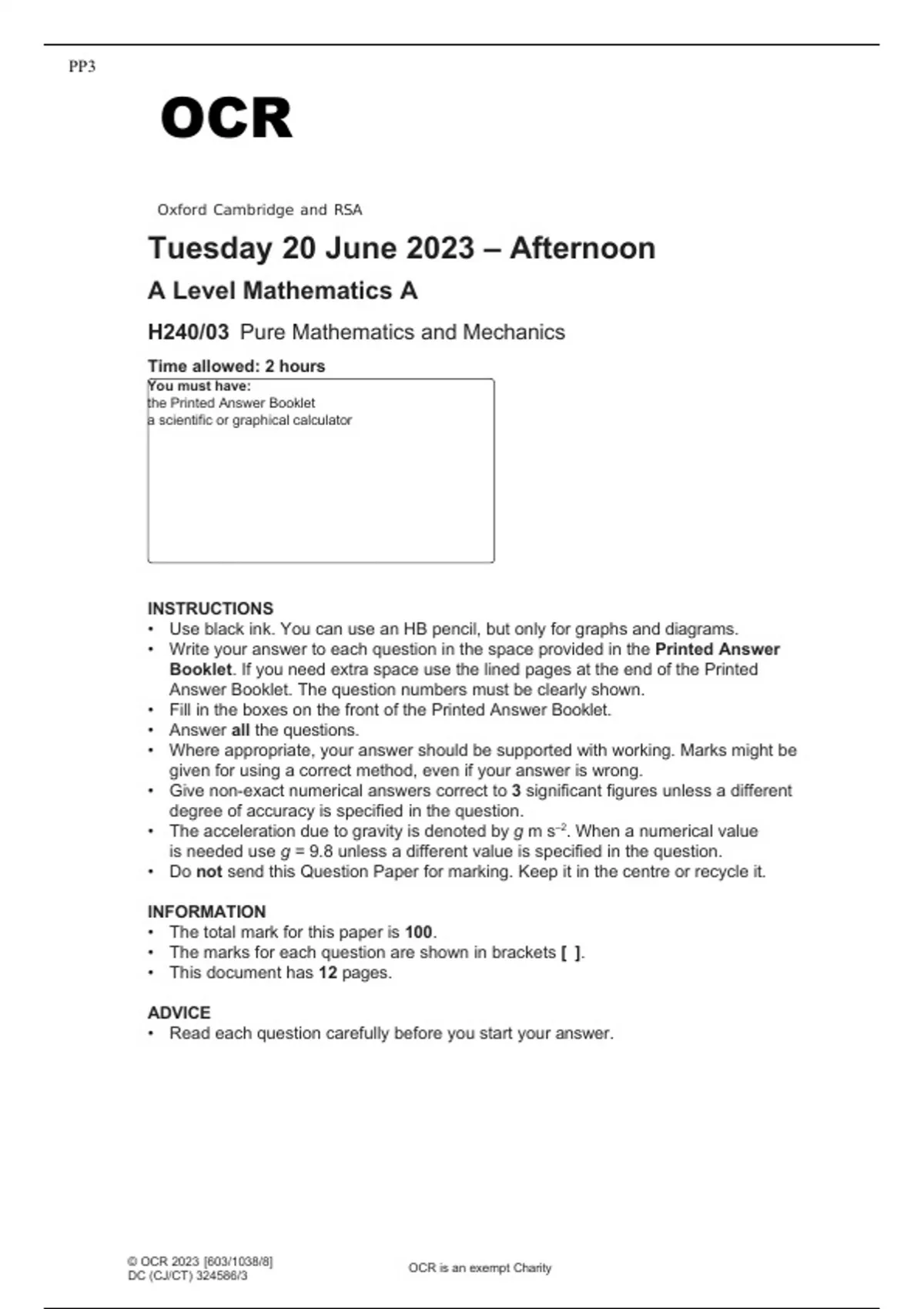 OCR A Level Mathematics A H240/03 PAPER 3 JUNE 2023 FINAL QUESTION ...