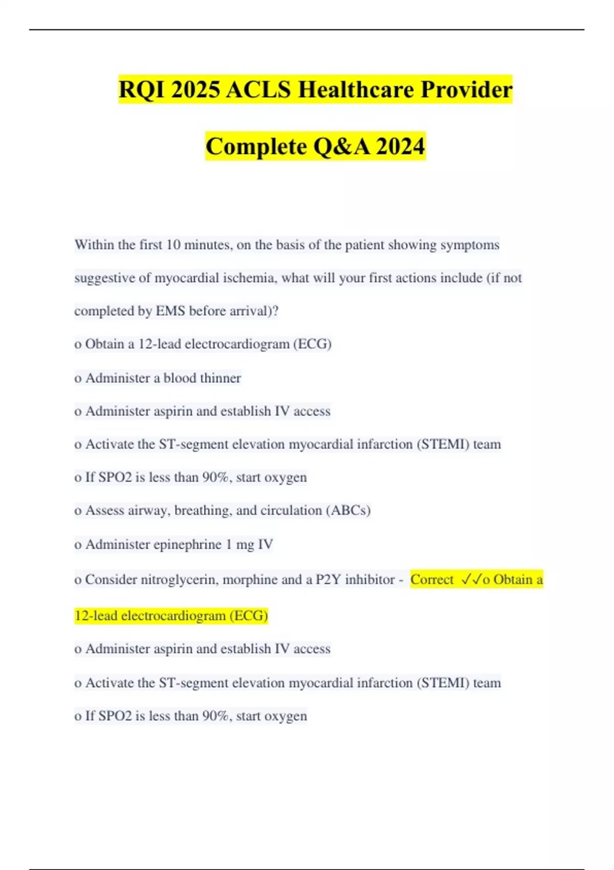 RQI 2025 ACLS Healthcare Provider Complete Q&A 2024 RQI 2025 ACLS