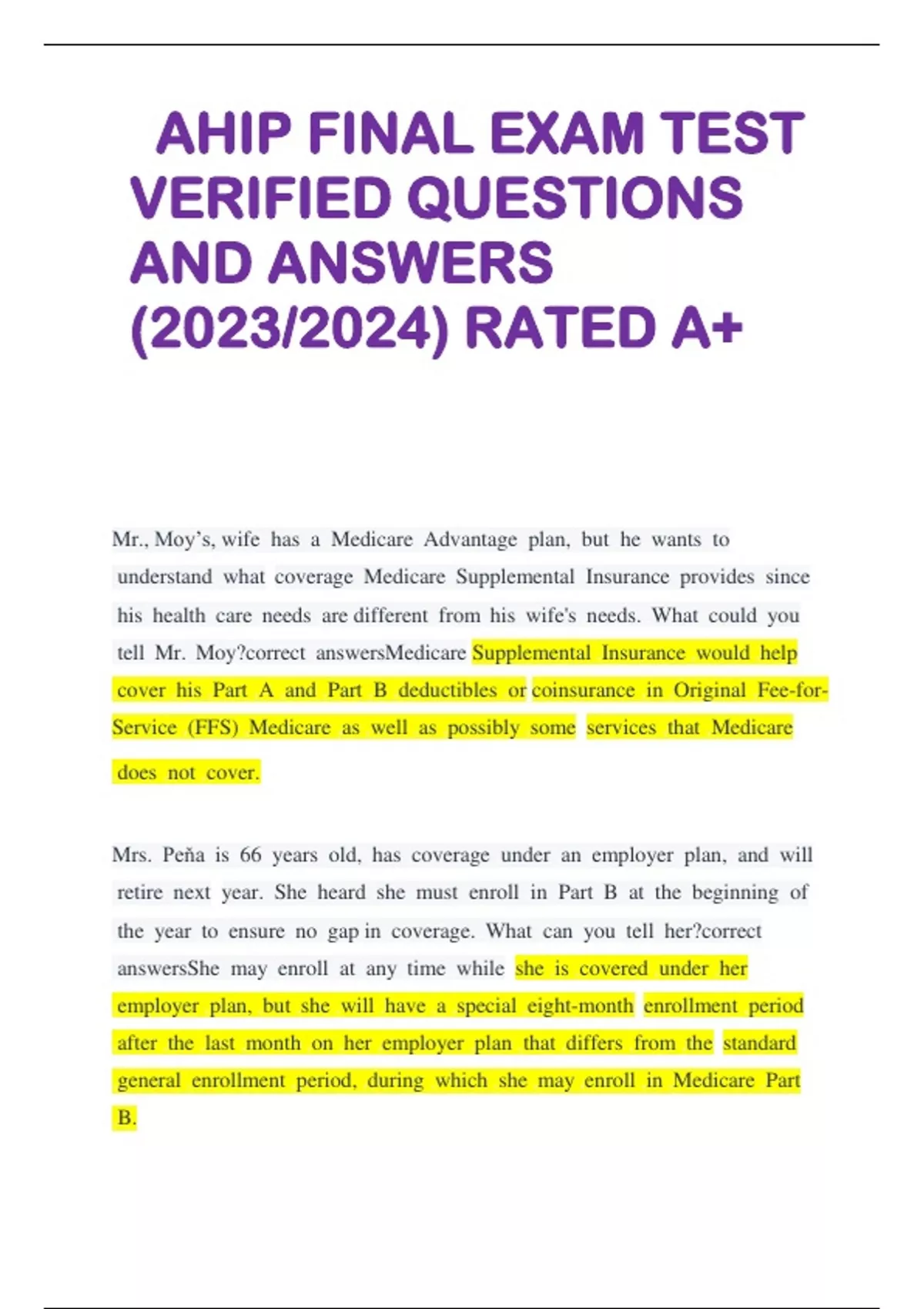 AHIP FINAL EXAM TEST VERIFIED QUESTIONS AND ANSWERS (2023/2024) RATED A+ Stuvia US