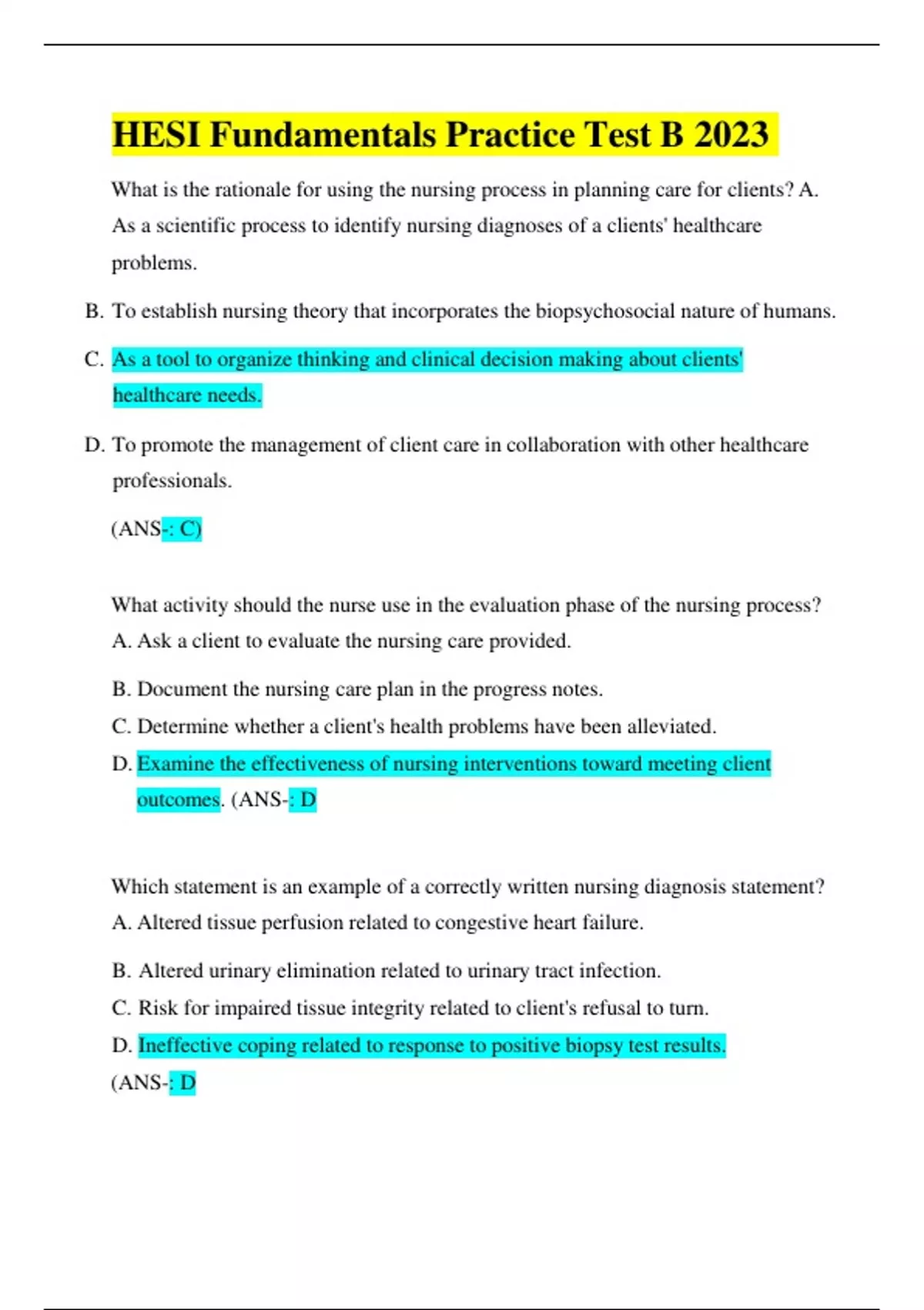 Latest Hesi Fundamentals Practice Test B Hesi Fundamentals Stuvia Us 7983