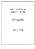 BIO 1020 EXAM ( SOUTH UNI ) QNS & ANS 20232024 BIOLOGY I