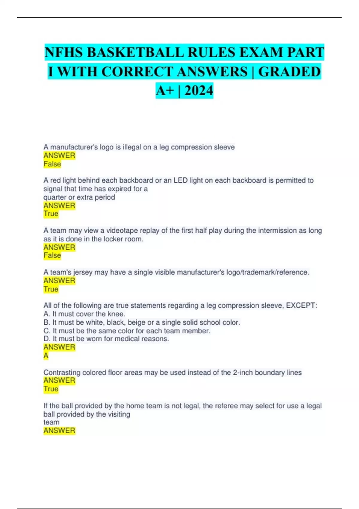 NFHS BASKETBALL RULES EXAM PART I WITH CORRECT ANSWERS GRADED A+