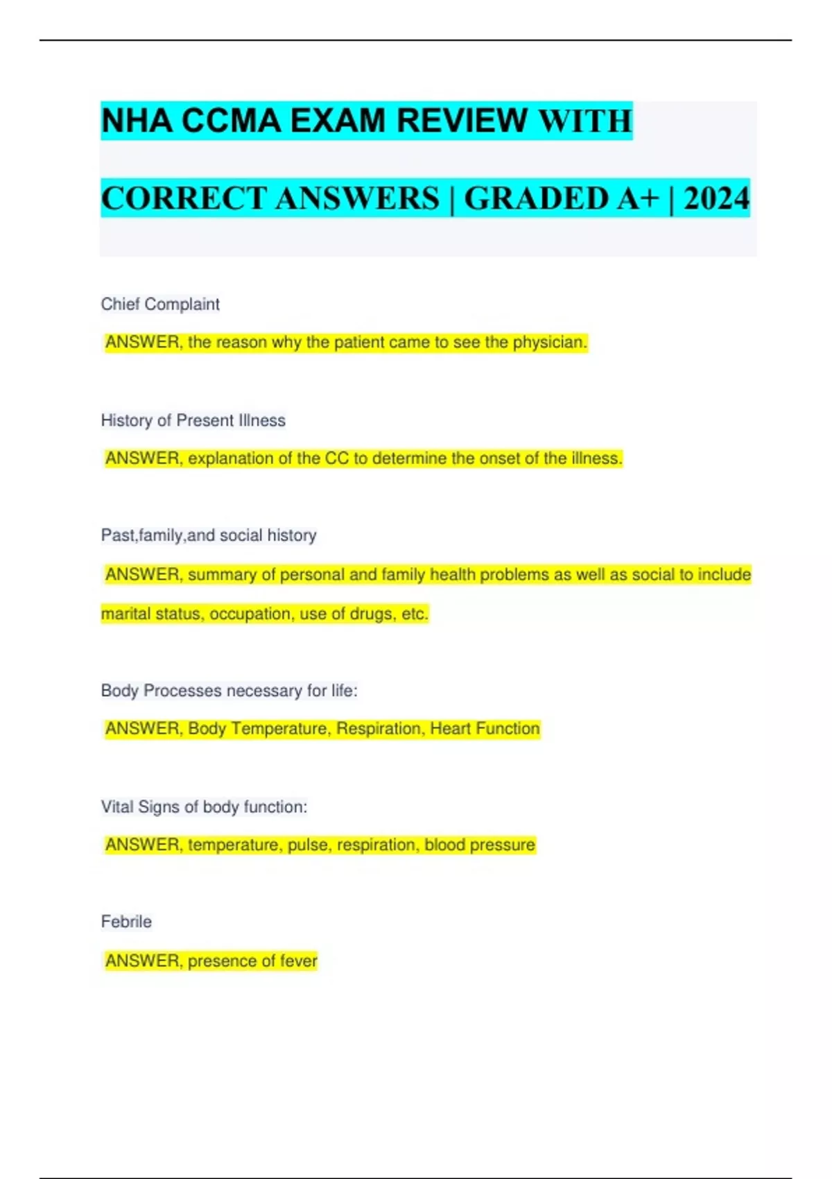 NHA CCMA EXAM REVIEW WITH CORRECT ANSWERS GRADED A+ 2024 NHA
