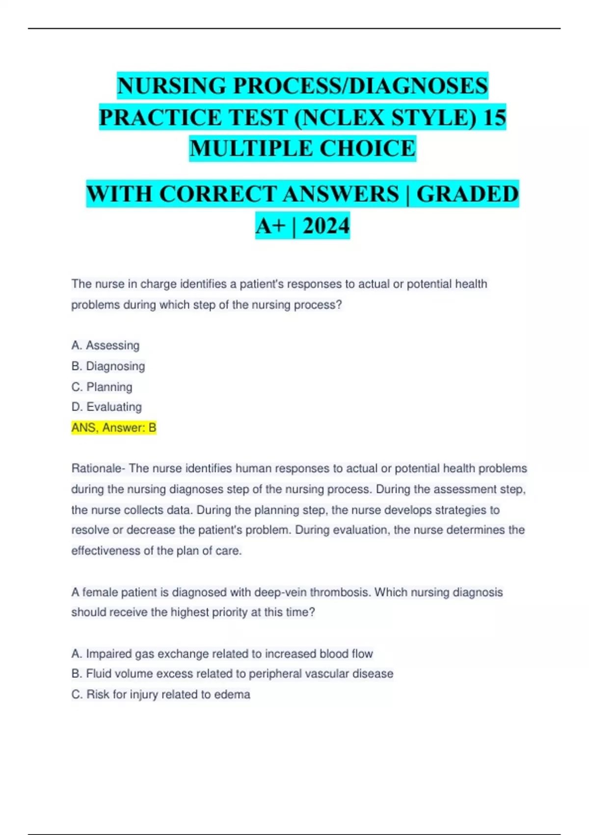 Nursing Process Diagnoses Practice Test (nclex Style) 15 Multiple 