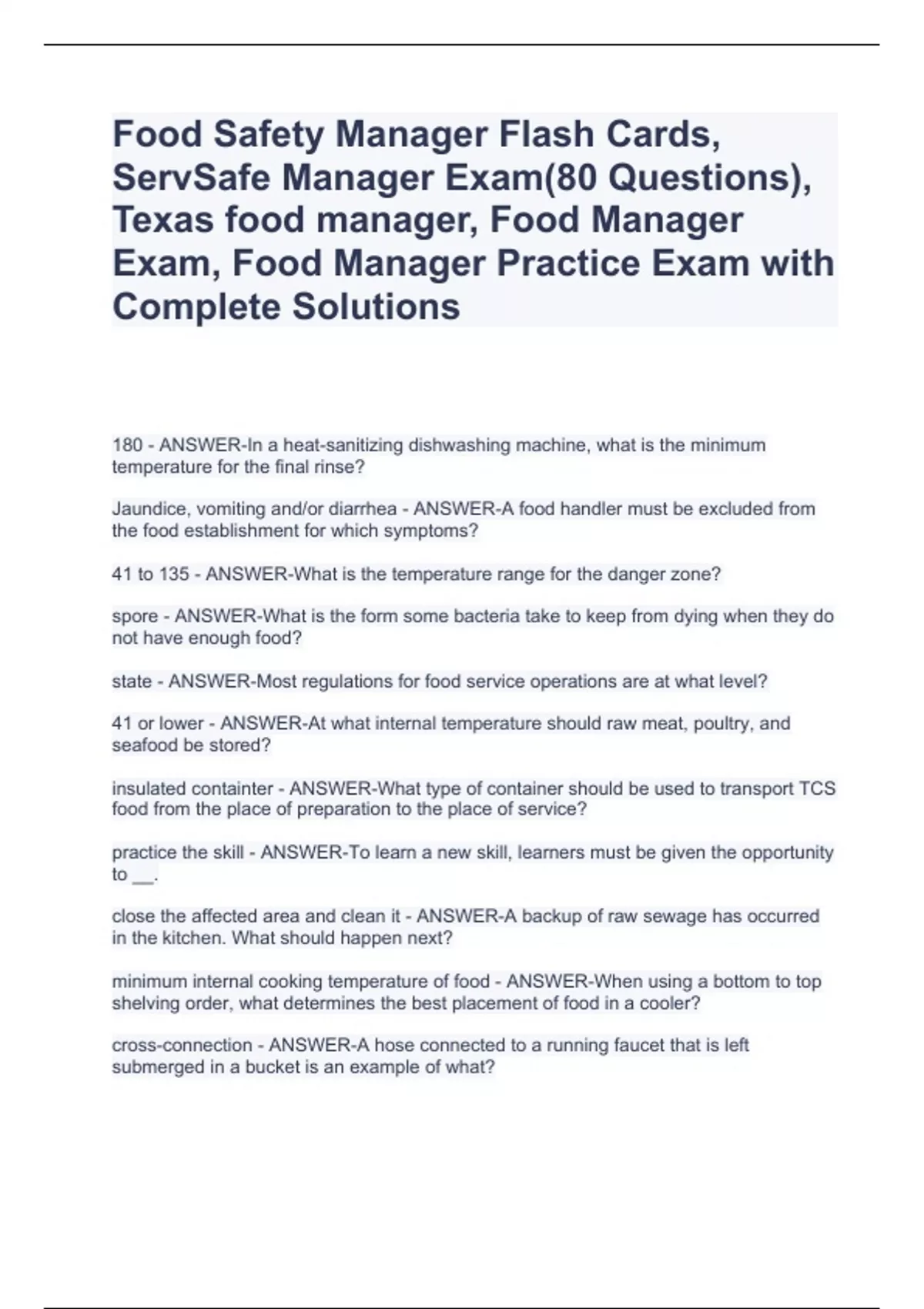Texas Food managers Exam Bundle questions and answers 100 correct