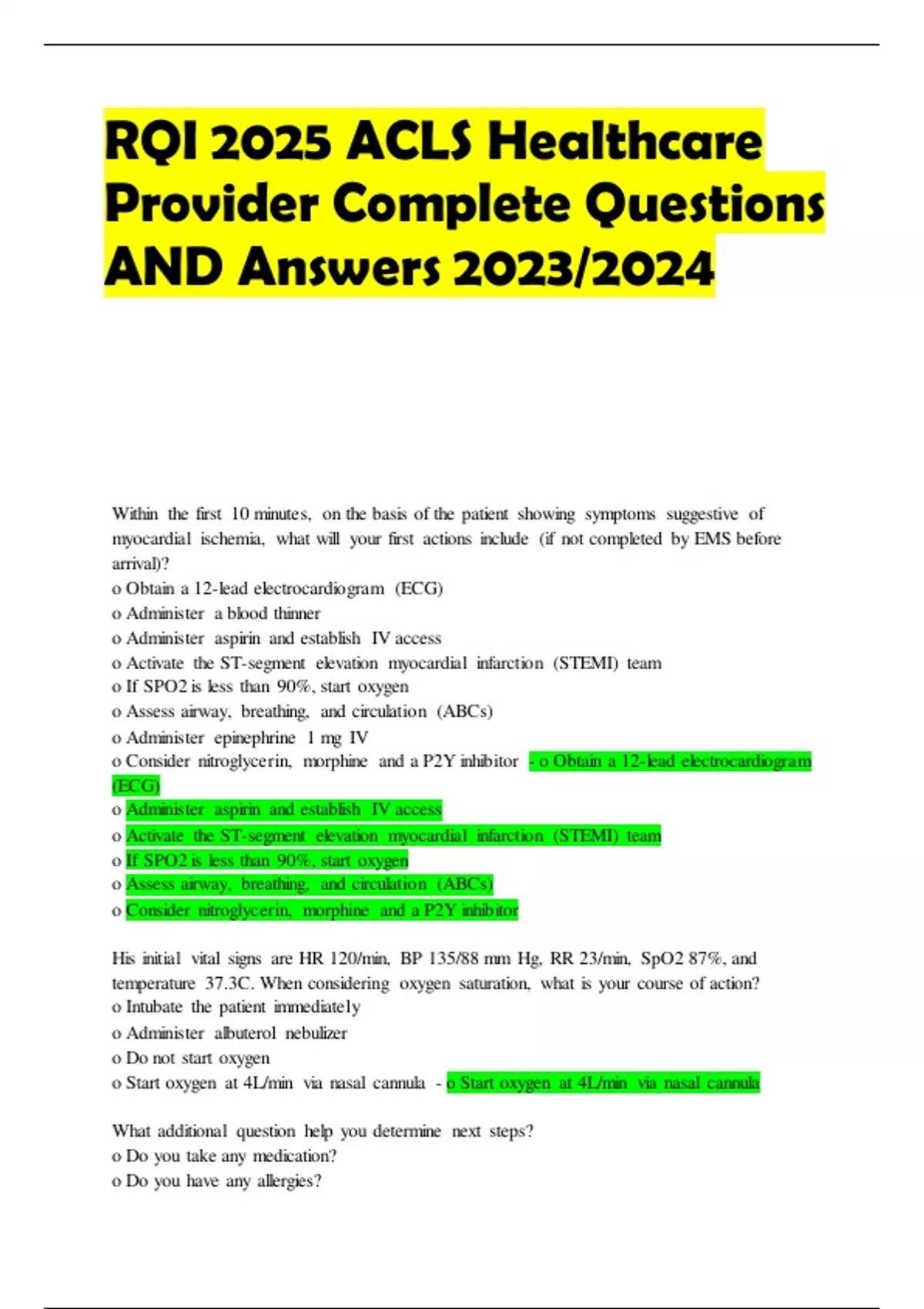 RQI 2025 ACLS Healthcare Provider Complete Questions AND Answers 2023/2024 RQI 2025 ACLS