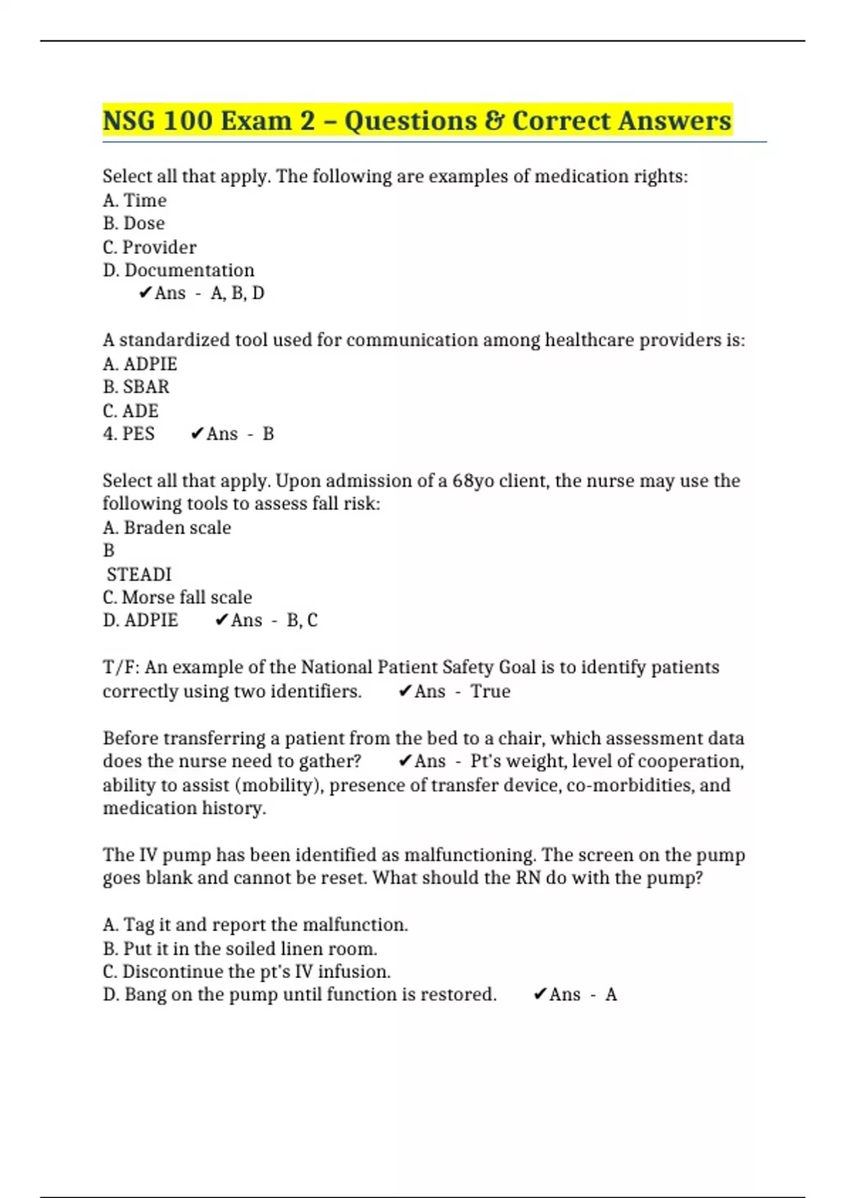 NSG 100 Exam 2 – Questions & Correct Answers - NSG 100 - Stuvia US