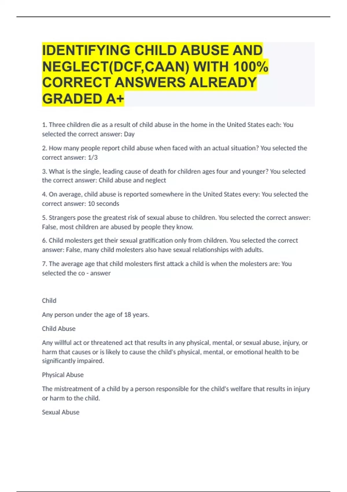 IDENTIFYING CHILD ABUSE AND NEGLECT(DCF,CAAN) WITH 100% CORRECT ANSWERS ...