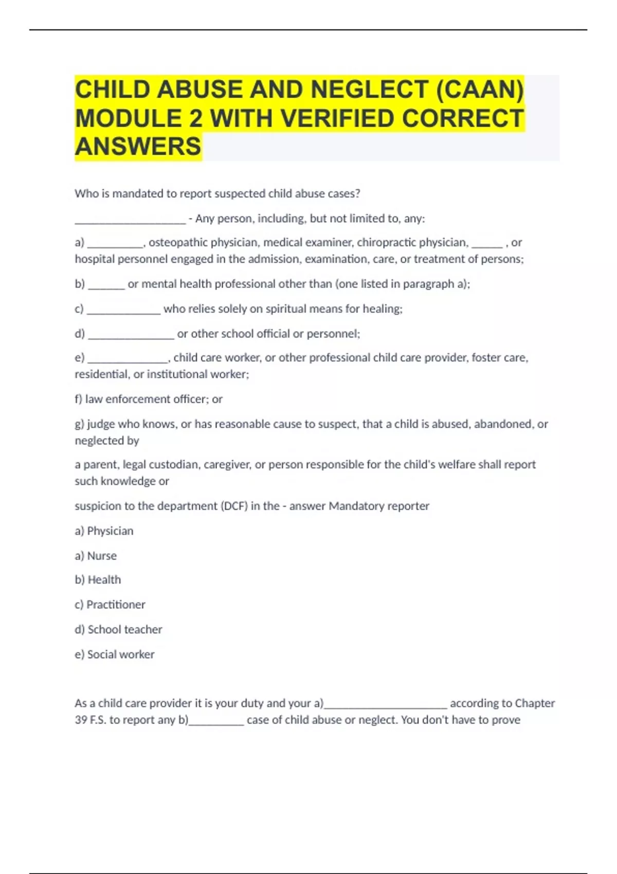 IDENTIFYING CHILD ABUSE AND NEGLECT(DCF,CAAN) WITH 100% CORRECT ANSWERS ...