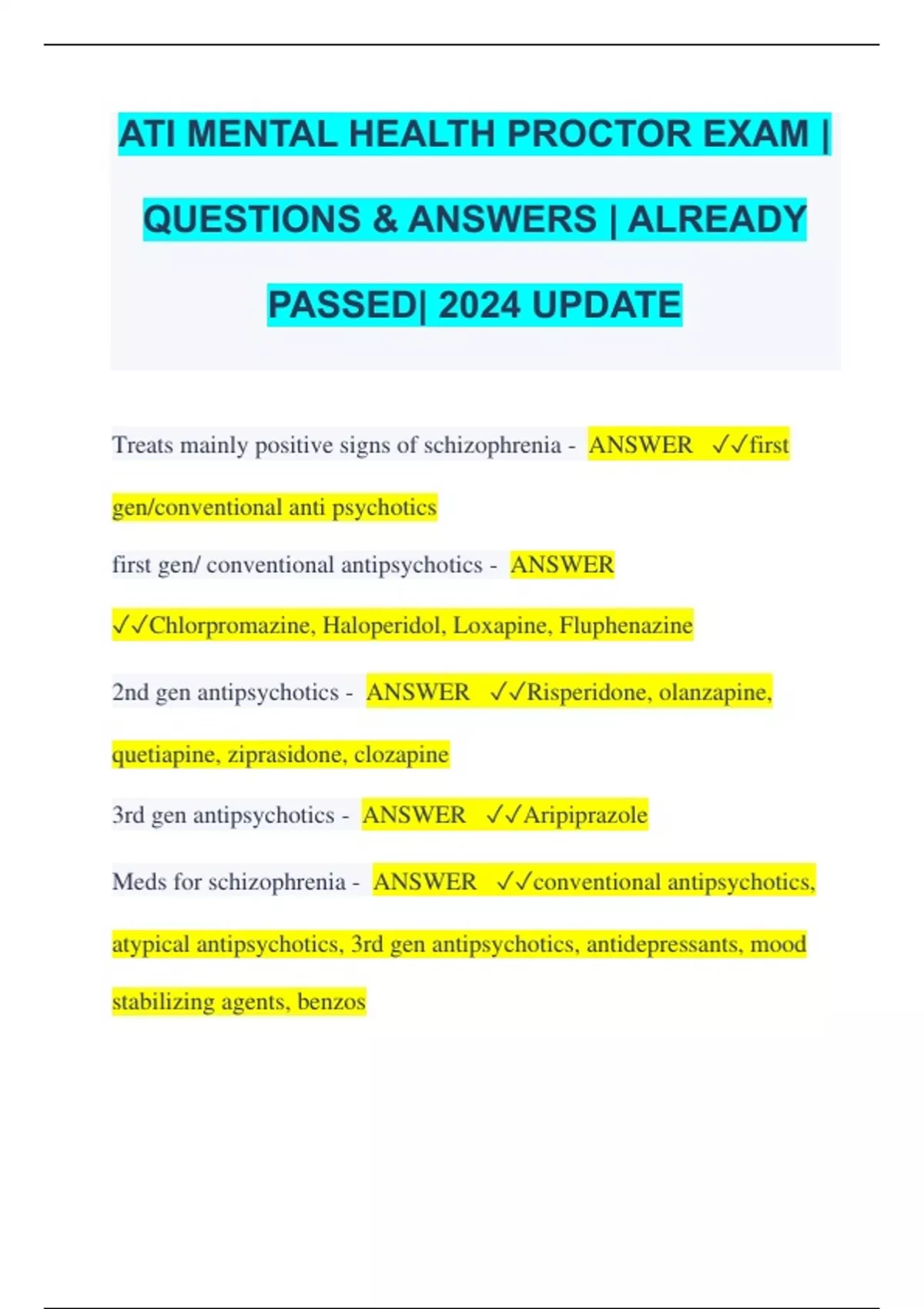 ATI MENTAL HEALTH PROCTOR EXAM QUESTIONS & ANSWERS ALREADY PASSED