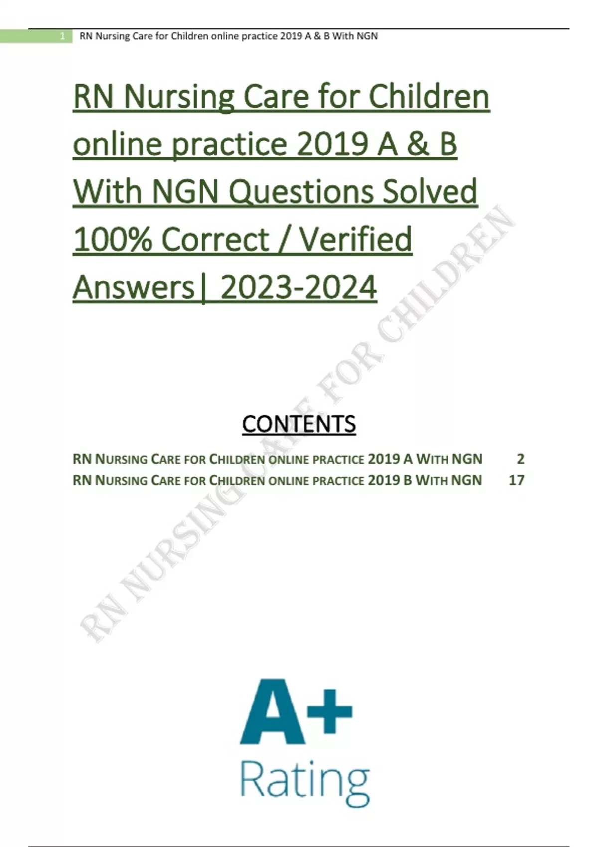 RN Nursing Care for Children online practice 2019 A & B With NGN ...