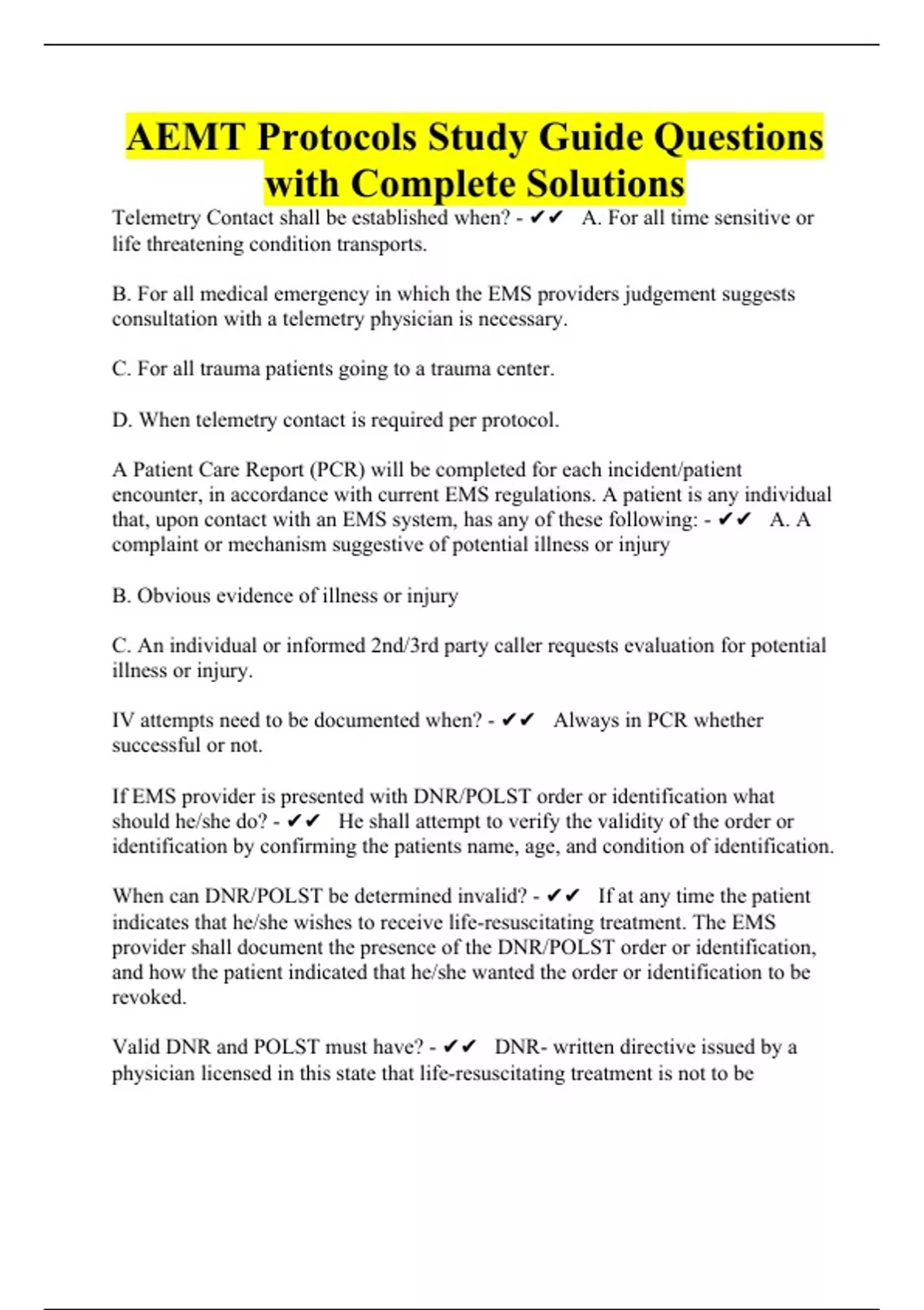 AEMT Protocols Study Guide Questions With Complete Solutions Stuvia US