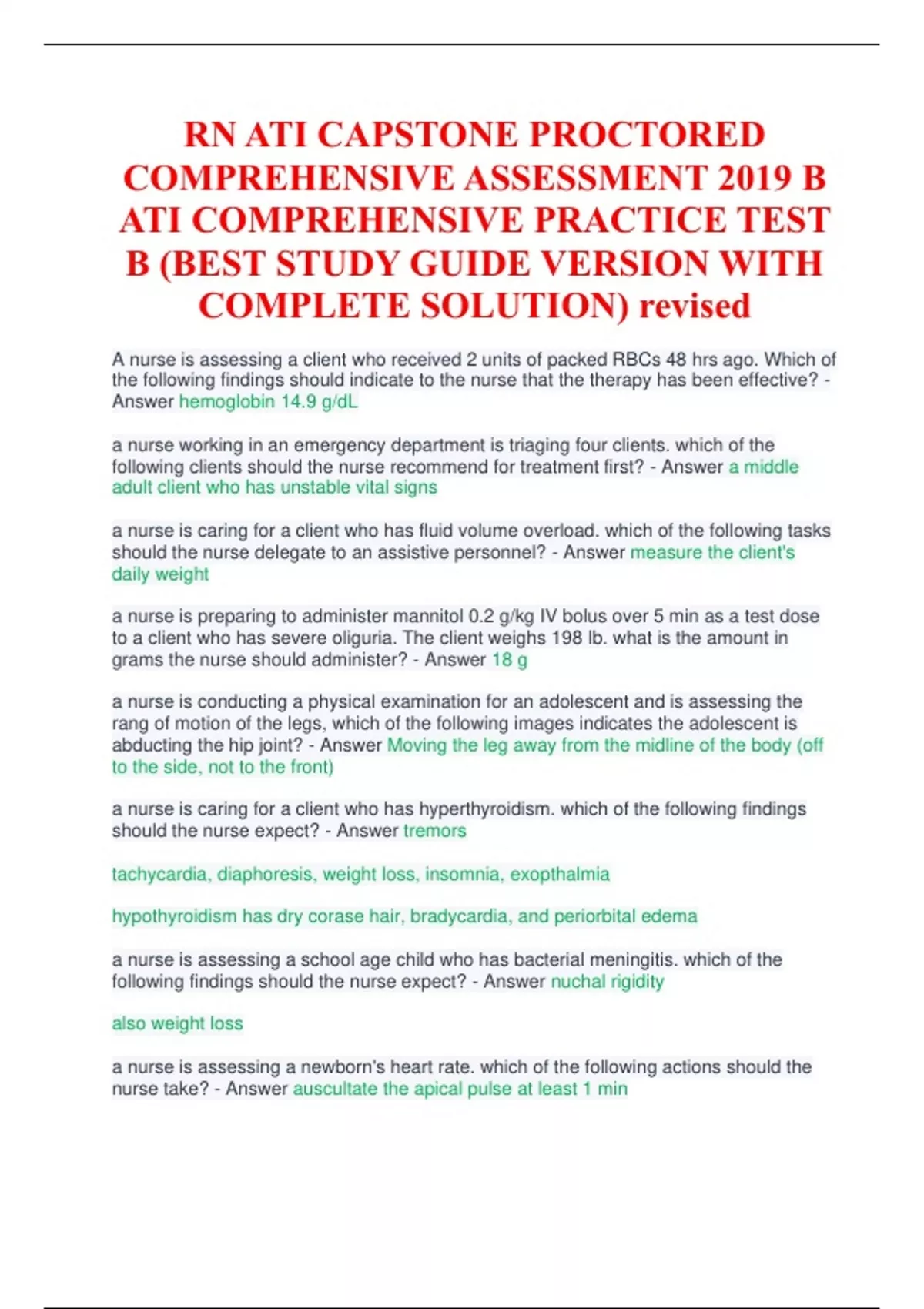 RN ATI CAPSTONE PROCTORED COMPREHENSIVE ASSESSMENT 2019 B ATI ...