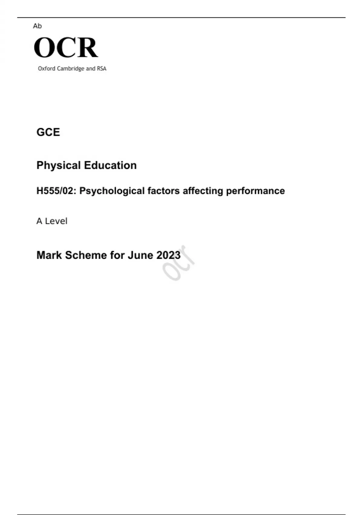 OCR A Level Physical Education H555/02 JUNE 2023 MARK SCHEME ...