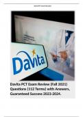 Davita PCT Exam Review (Fall 2021) Questions (112 Terms) with Answers, Guaranteed Success 2023-2024. 