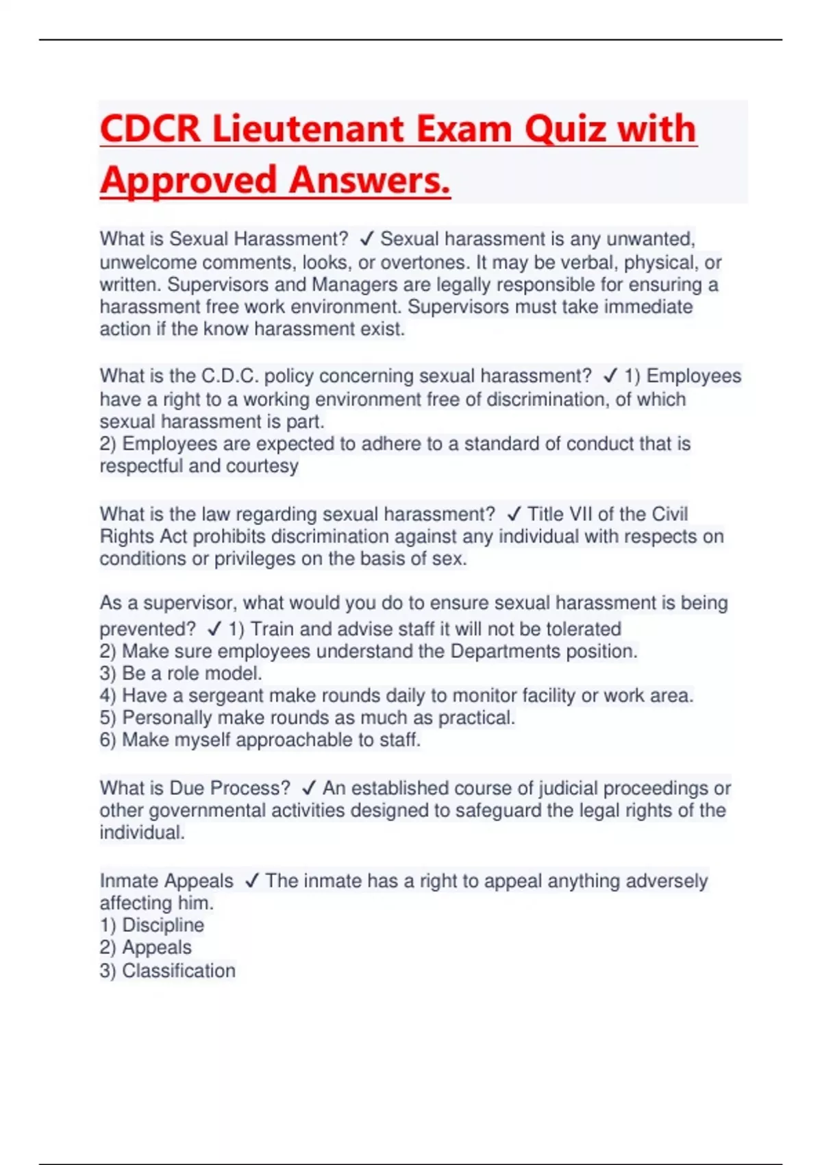 CDCR Lieutenant Exam Quiz with Approved Answers Latest 2023/2024
