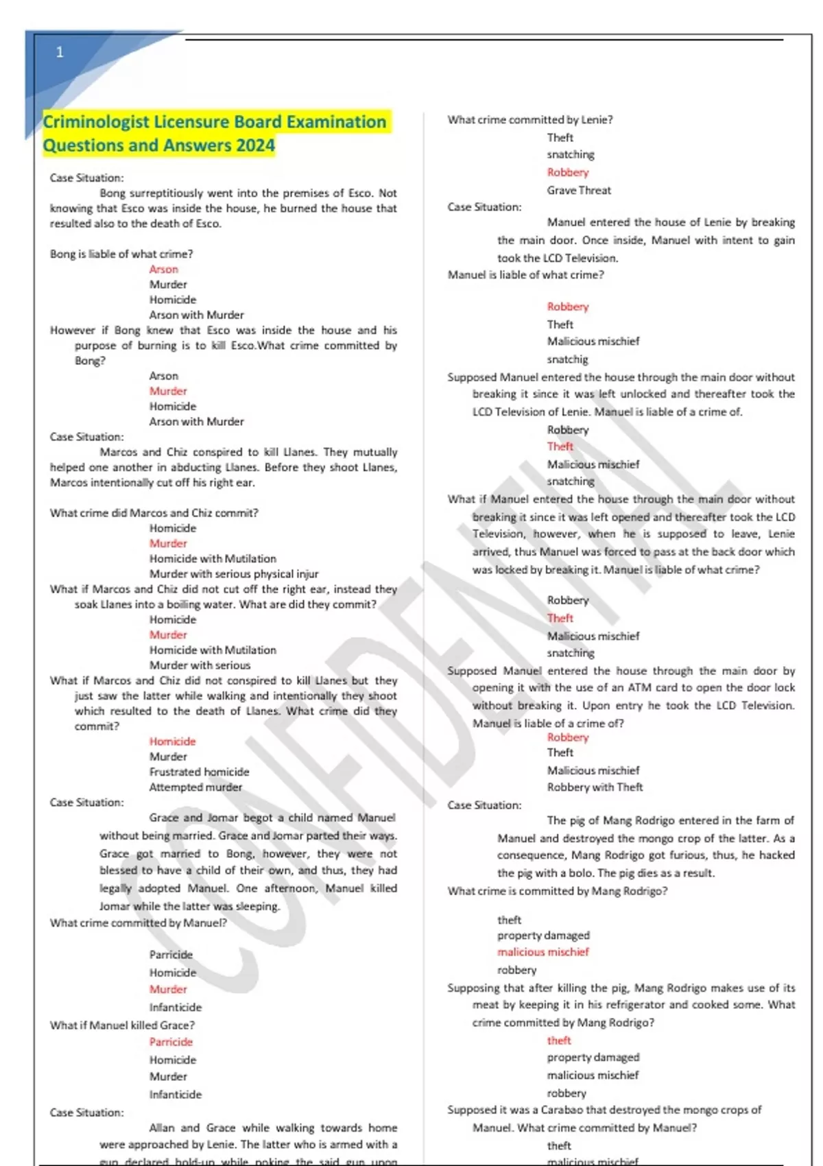 Criminologist Licensure Board Examination Questions and Answers 2024