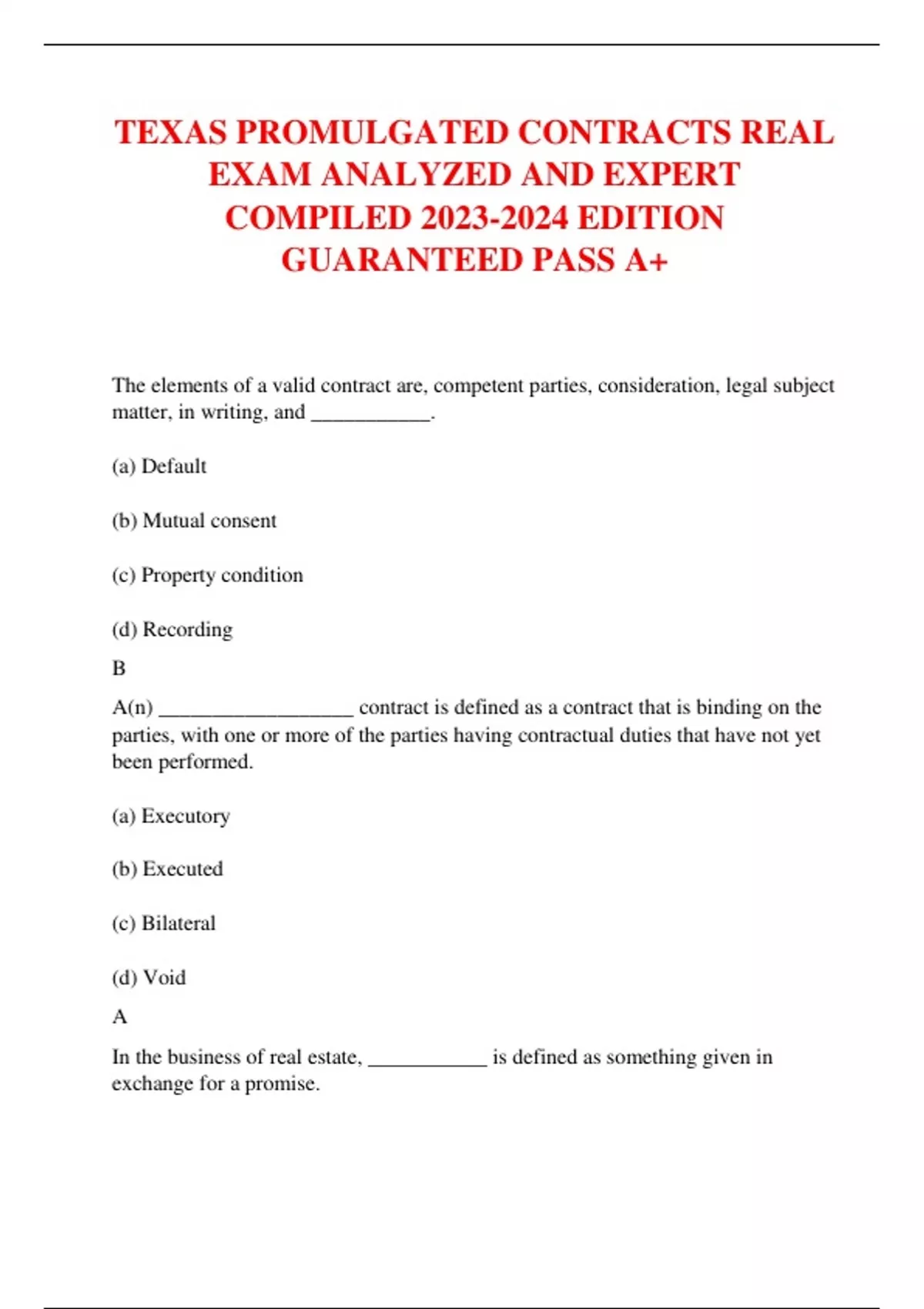 TEXAS PROMULGATED CONTRACTS REAL EXAM ANALYZED AND EXPERT COMPILED ...