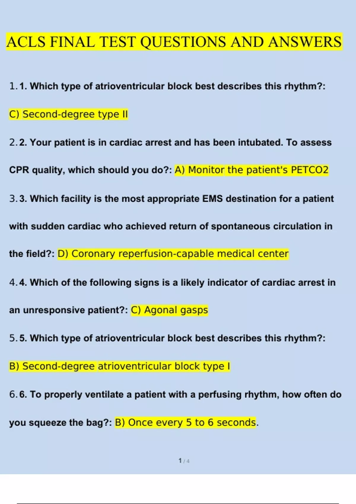 ACLS FINAL TEST (2023/2024) Newest Questions and Answers (Verified