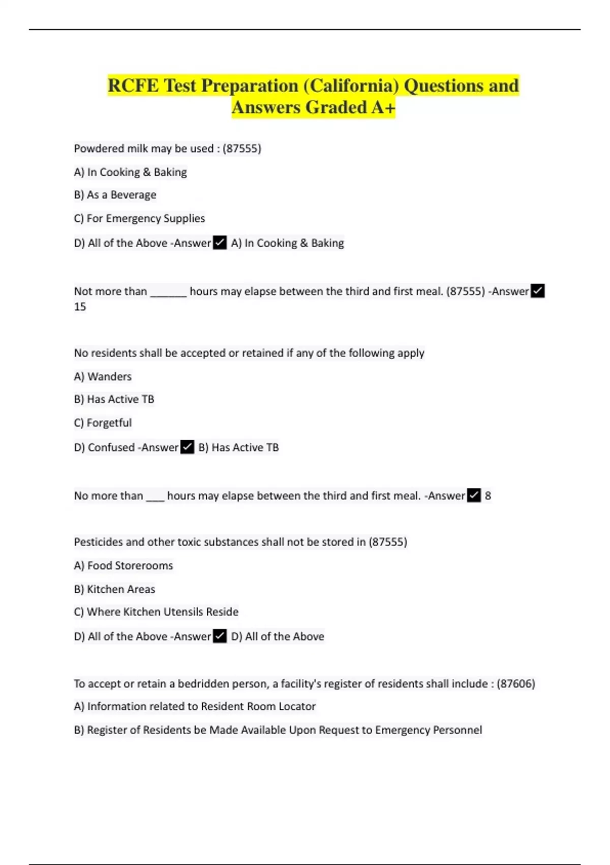 RCFE Test Preparation (California) Questions And Answers Graded A+ ...