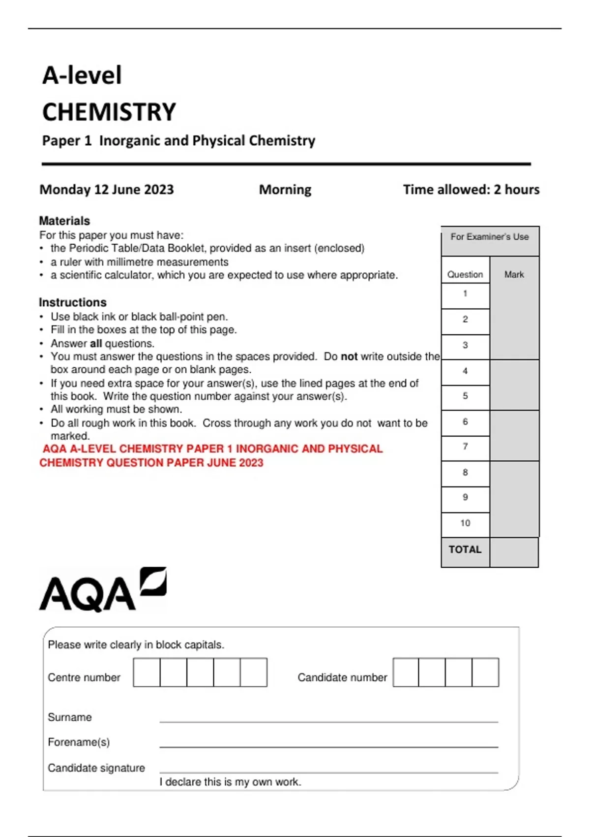 AQA A-LEVEL CHEMISTRY PAPER 1 INORGANIC AND PHYSICAL CHEMISTRY QUESTION ...